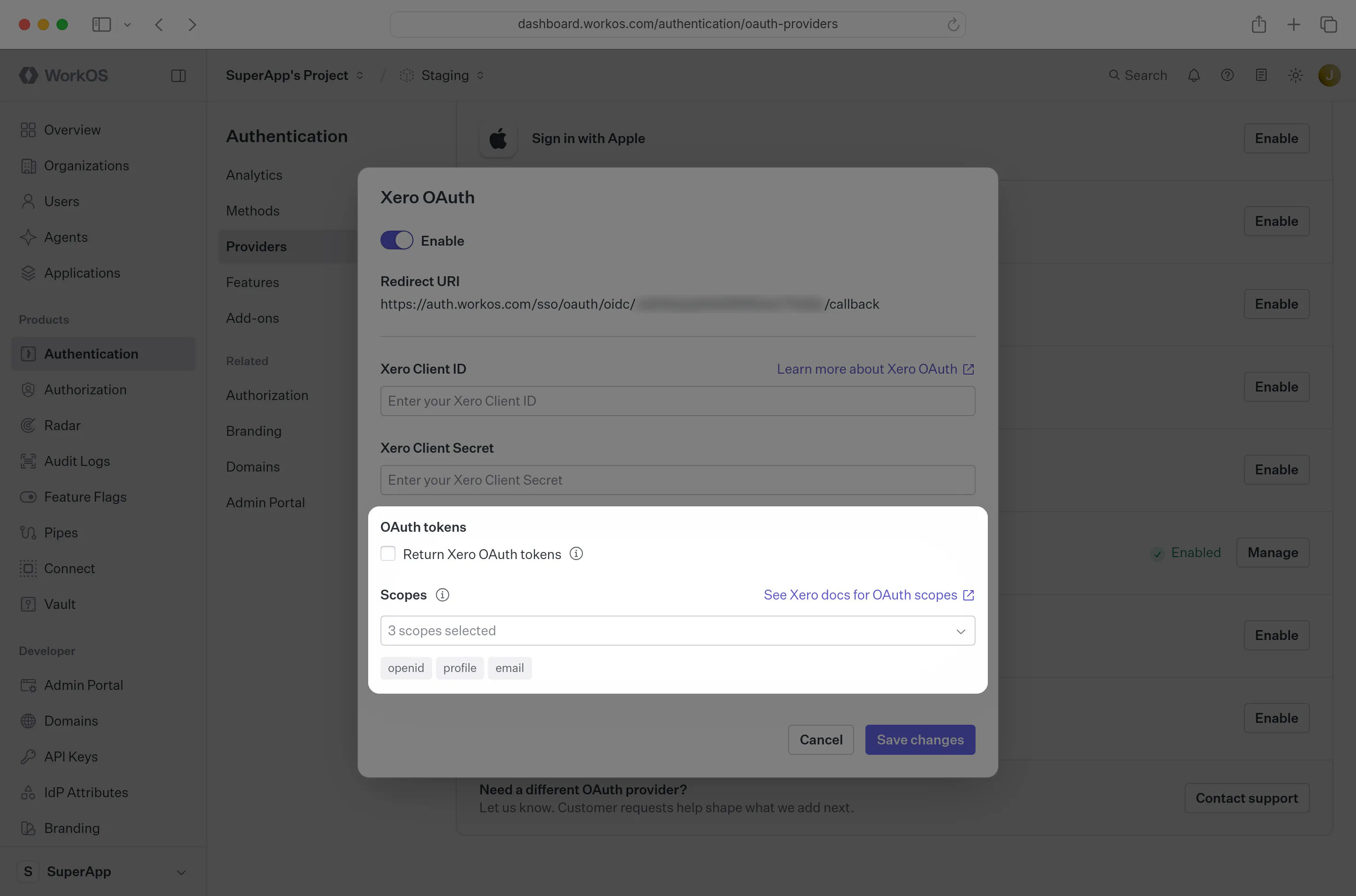 A screenshot showing Xero OAuth scopes configuration in the WorkOS Dashboard