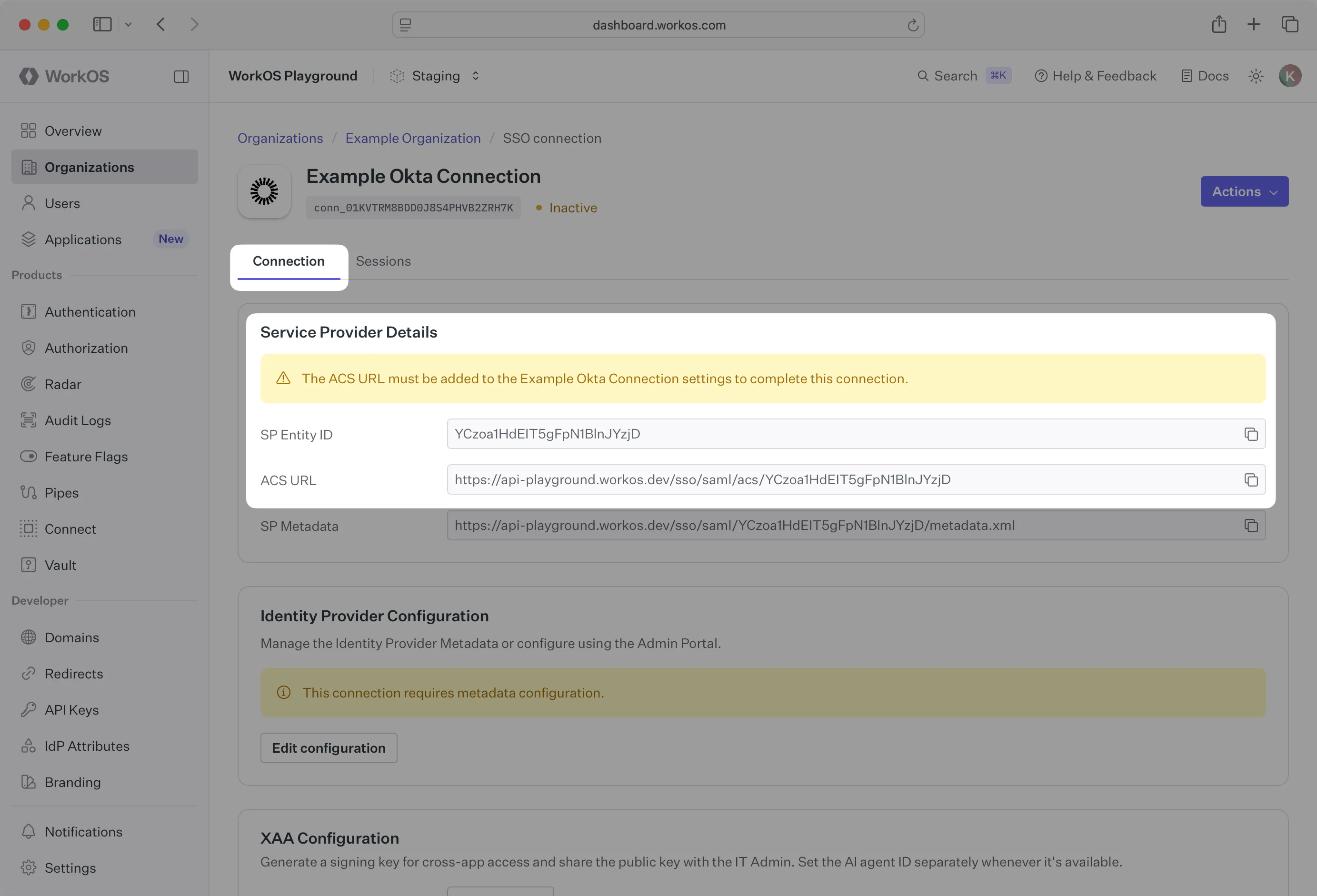 A screenshot showing where to find the ACS URL and SP Entity ID in the WorkOS Dashboard.