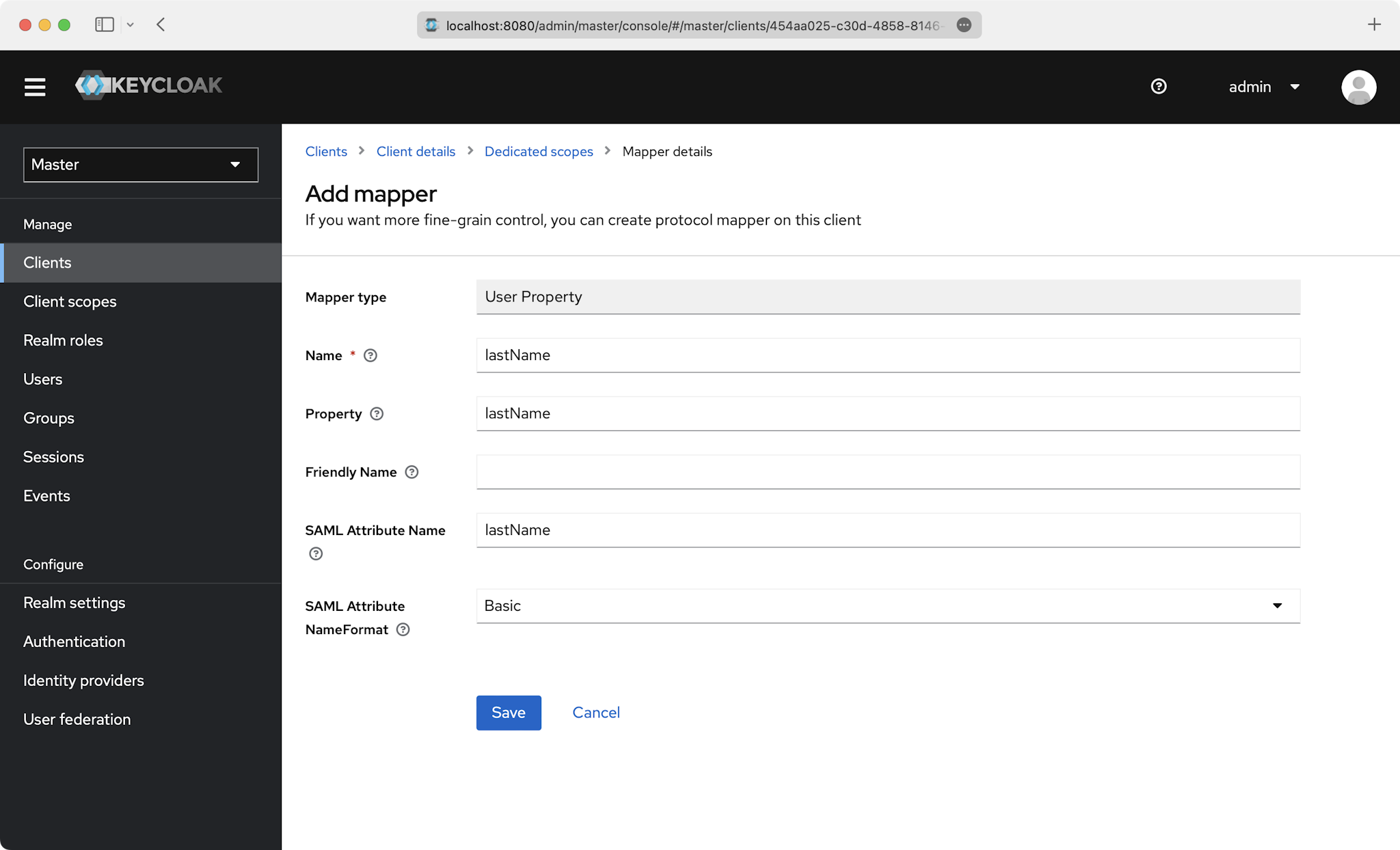 A screenshot showing the proper mapping for the last name property in the Keycloak dashboard.