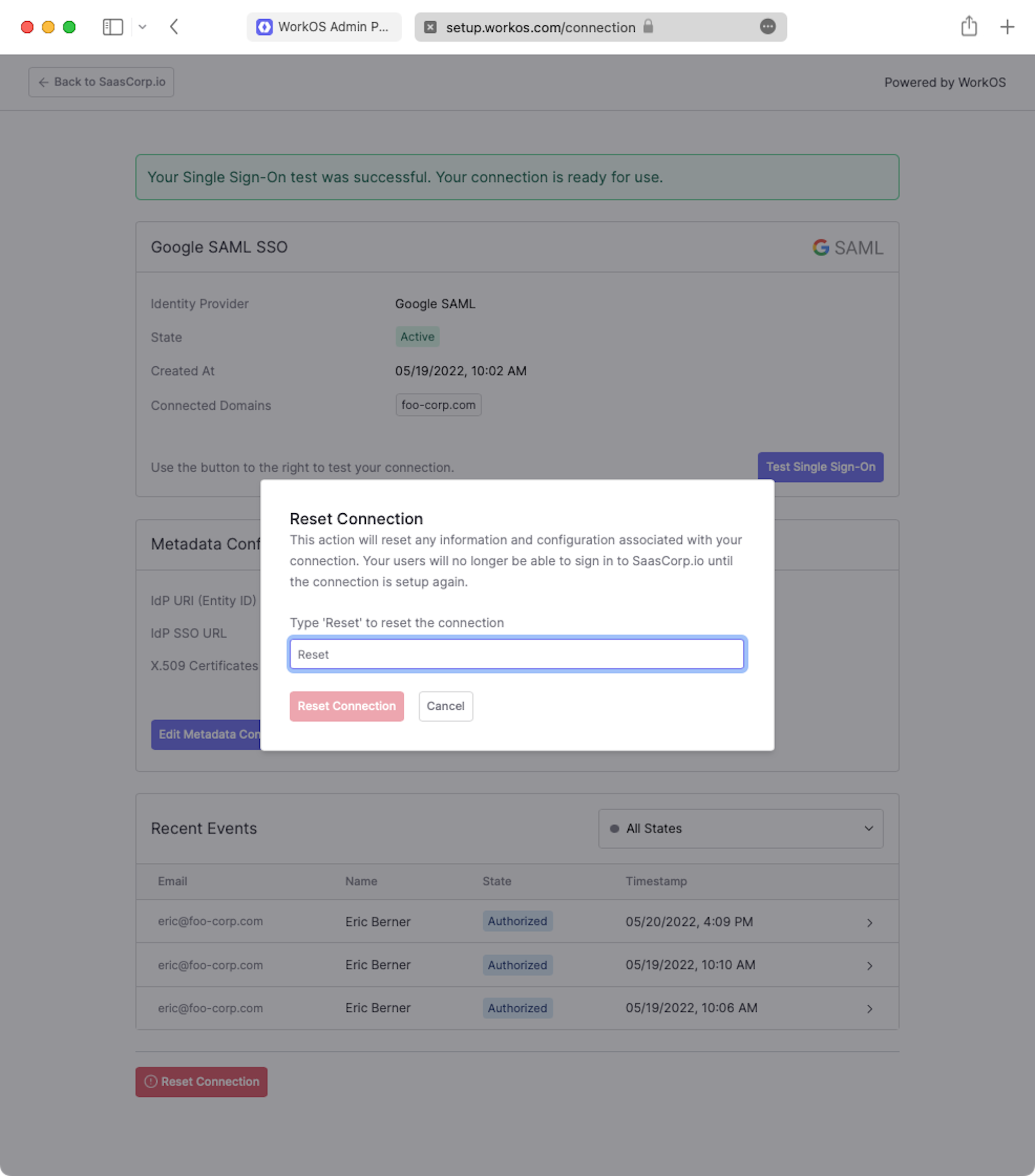 A screenshot showing how to "Reset Connection" within the Admin Portal SSO screen.