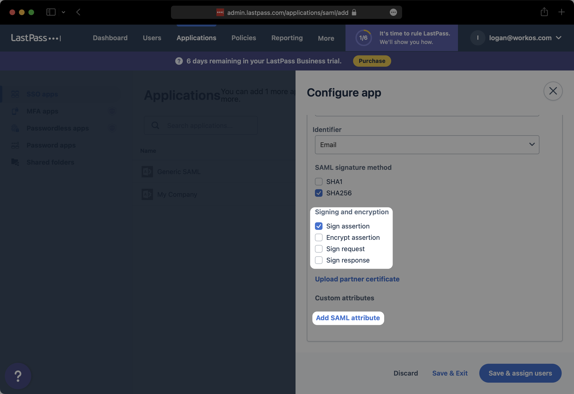 A screenshot showing to select "Sign assertion" checkbox option for "Signing and encryption" in LastPass SAML Settings.