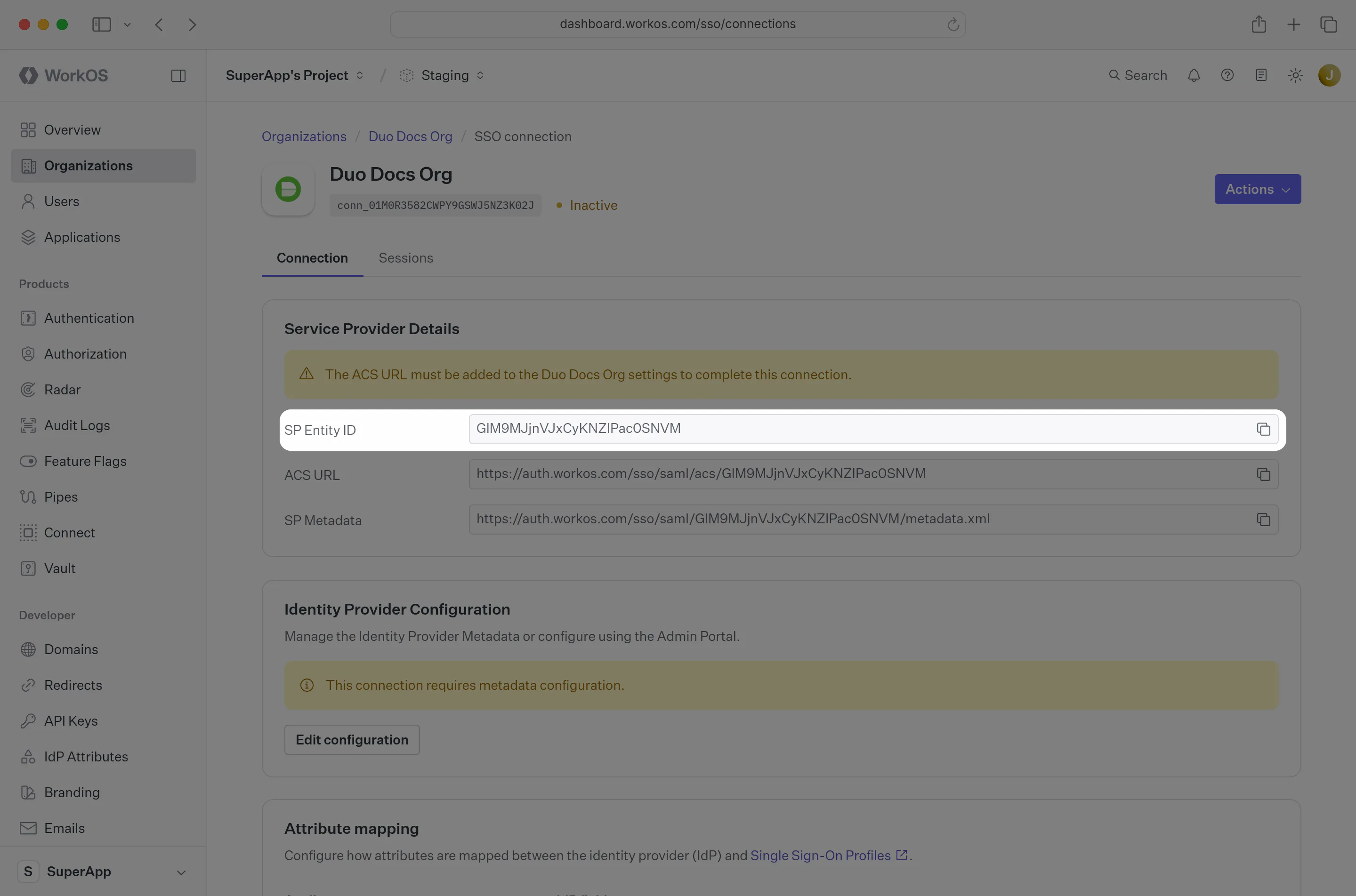 A screenshot highlighting the Entity ID in the WorkOS dashboard.