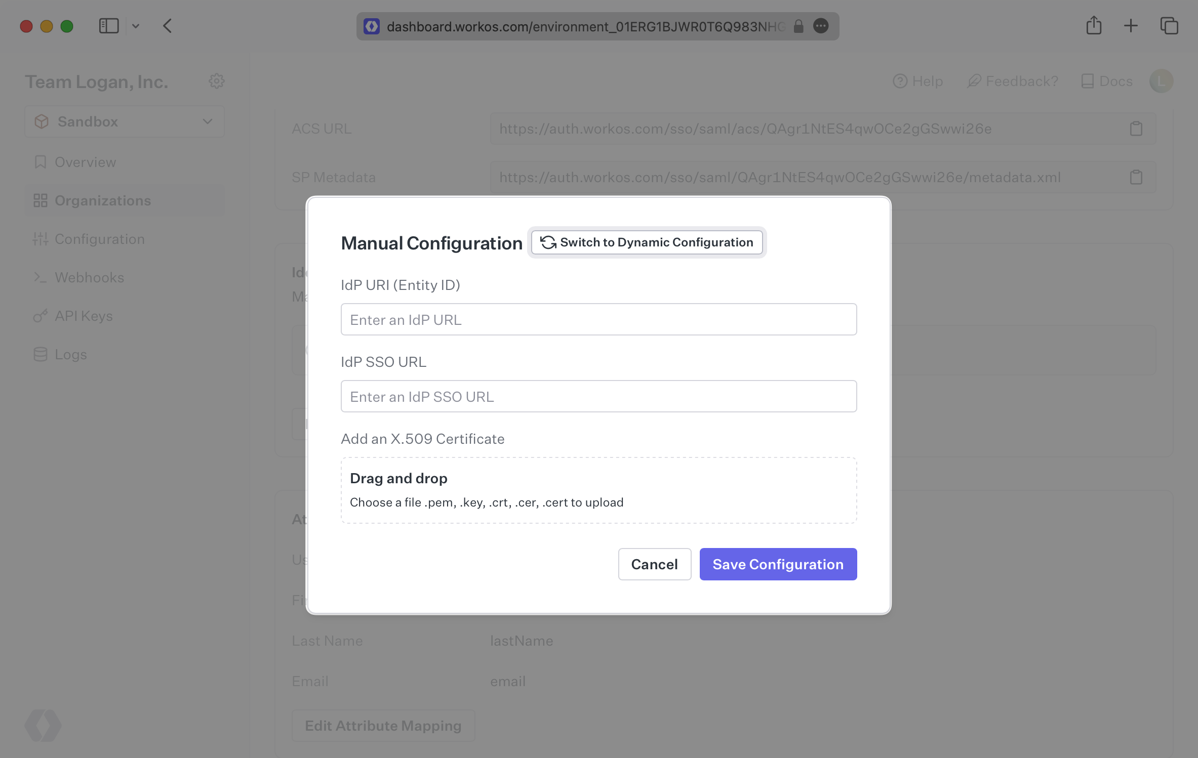 A screenshot showing the input fields for manual configuration of a CAS SAML connection in the WorkOS Dashboard.