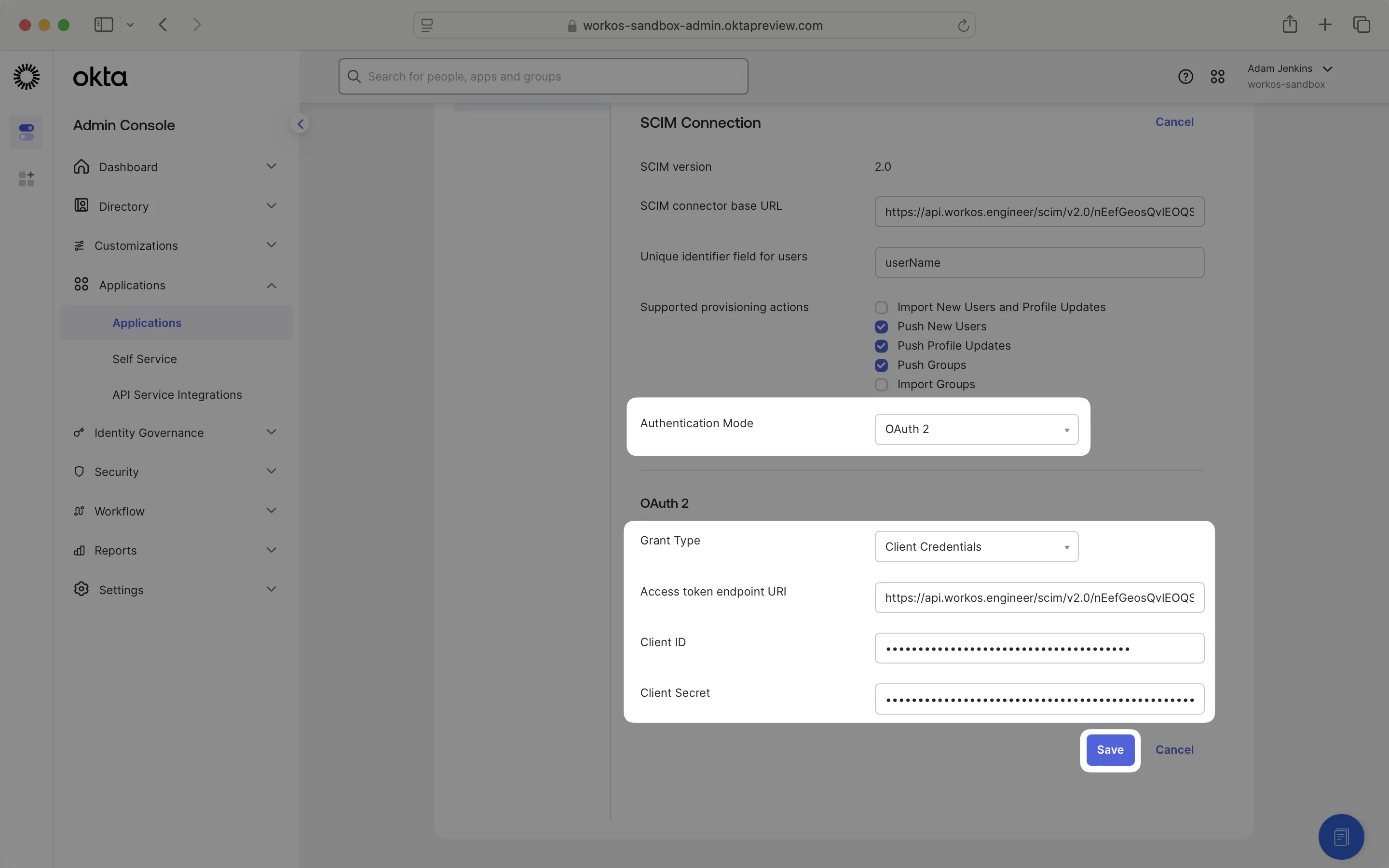 A screenshot showing the OAuth 2.0 Authentication Mode, Client Credentials Grant Type, and OAuth credential fields in the SCIM connection settings in Okta.