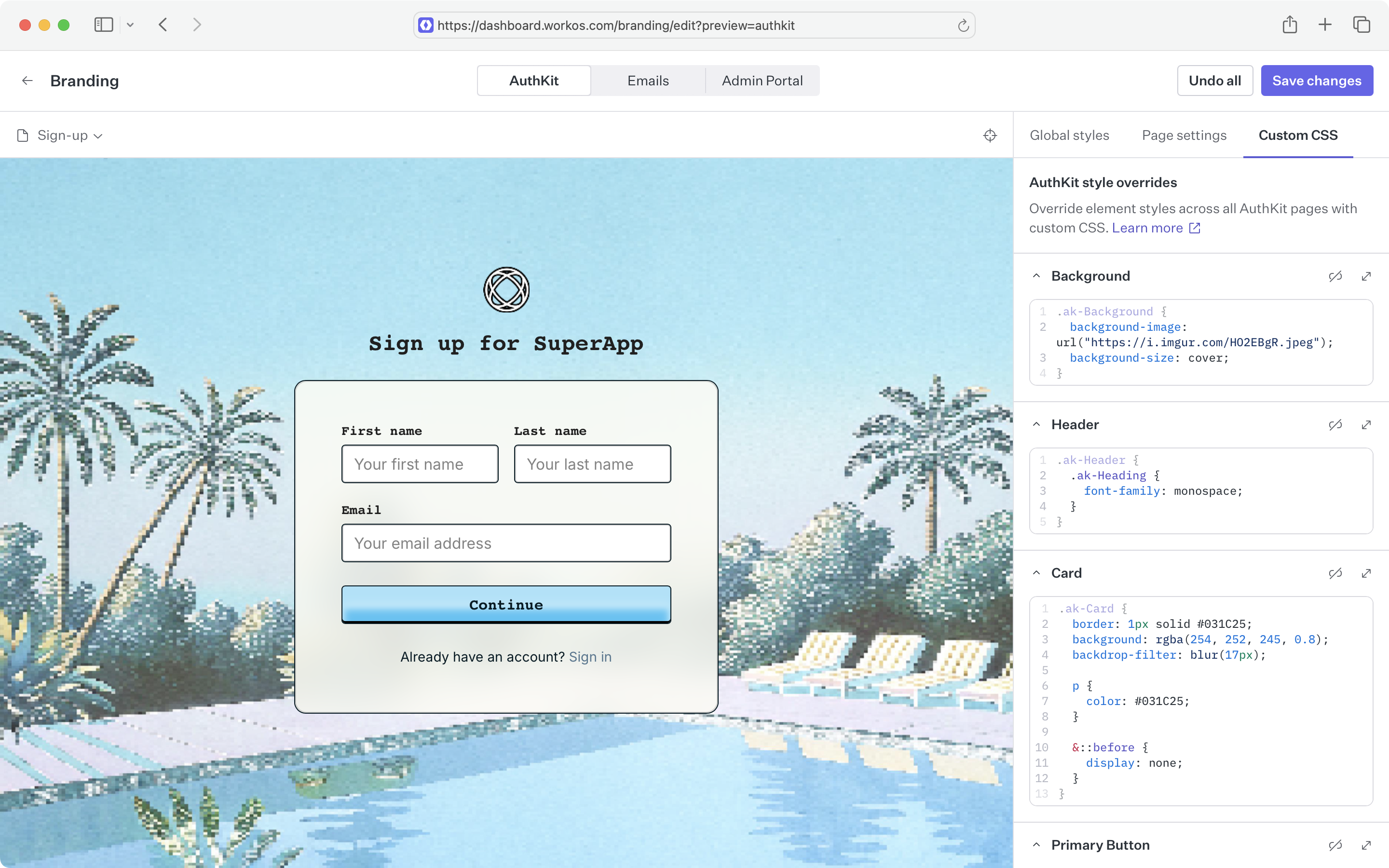 AuthKit Custom CSS in the brand editor