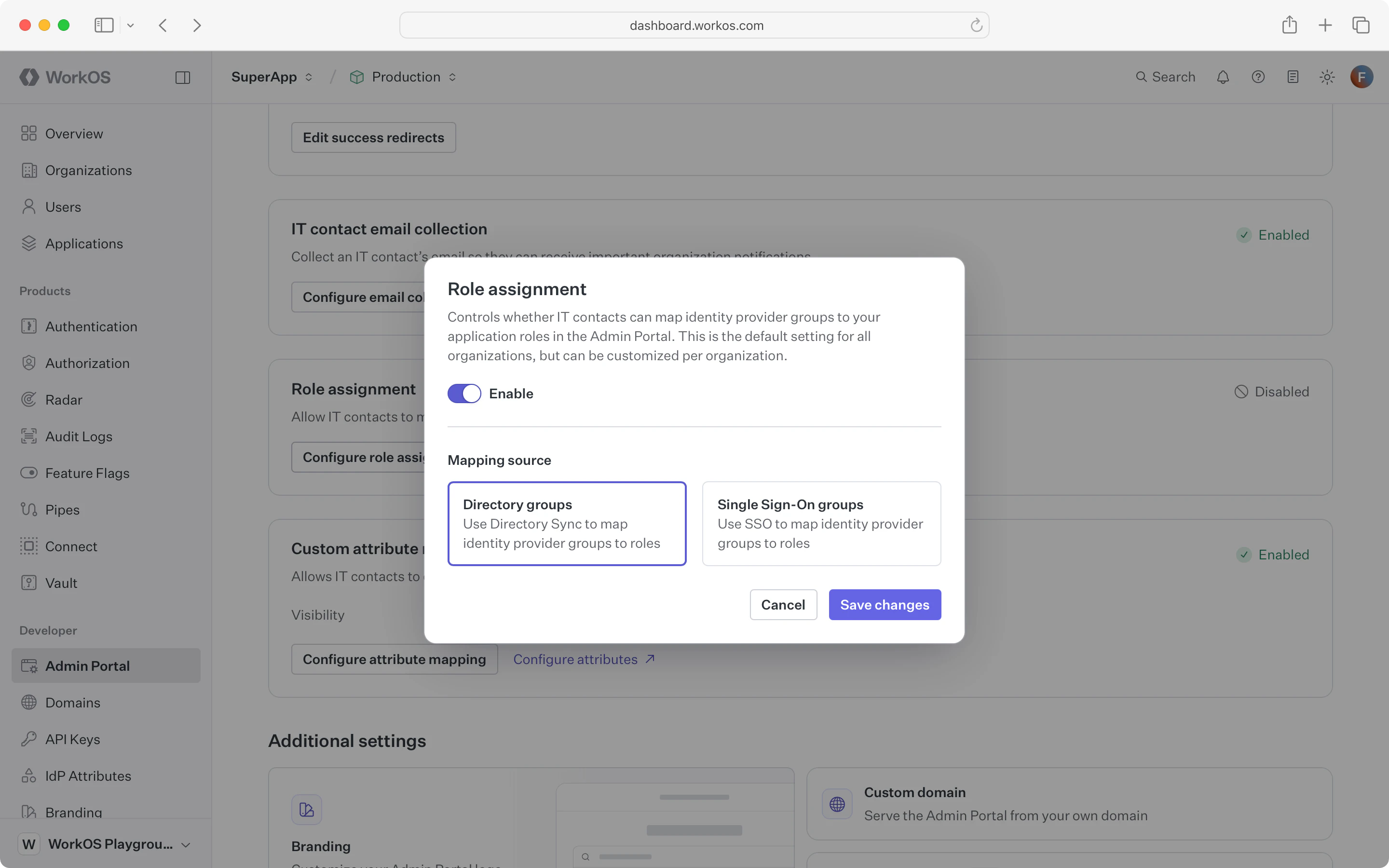 WorkOS Dashboard UI showing the role assignment setting on the Admin Portal page.
