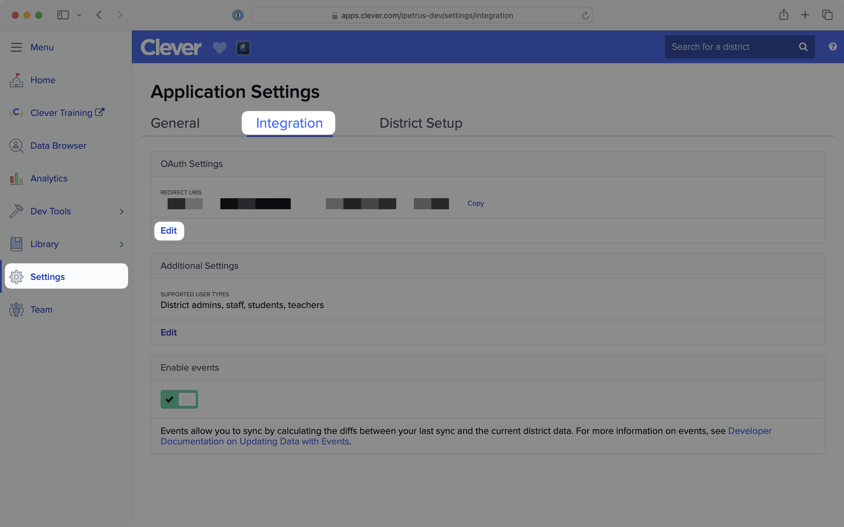 Setting the redirect URI in the Clever admin dashboard