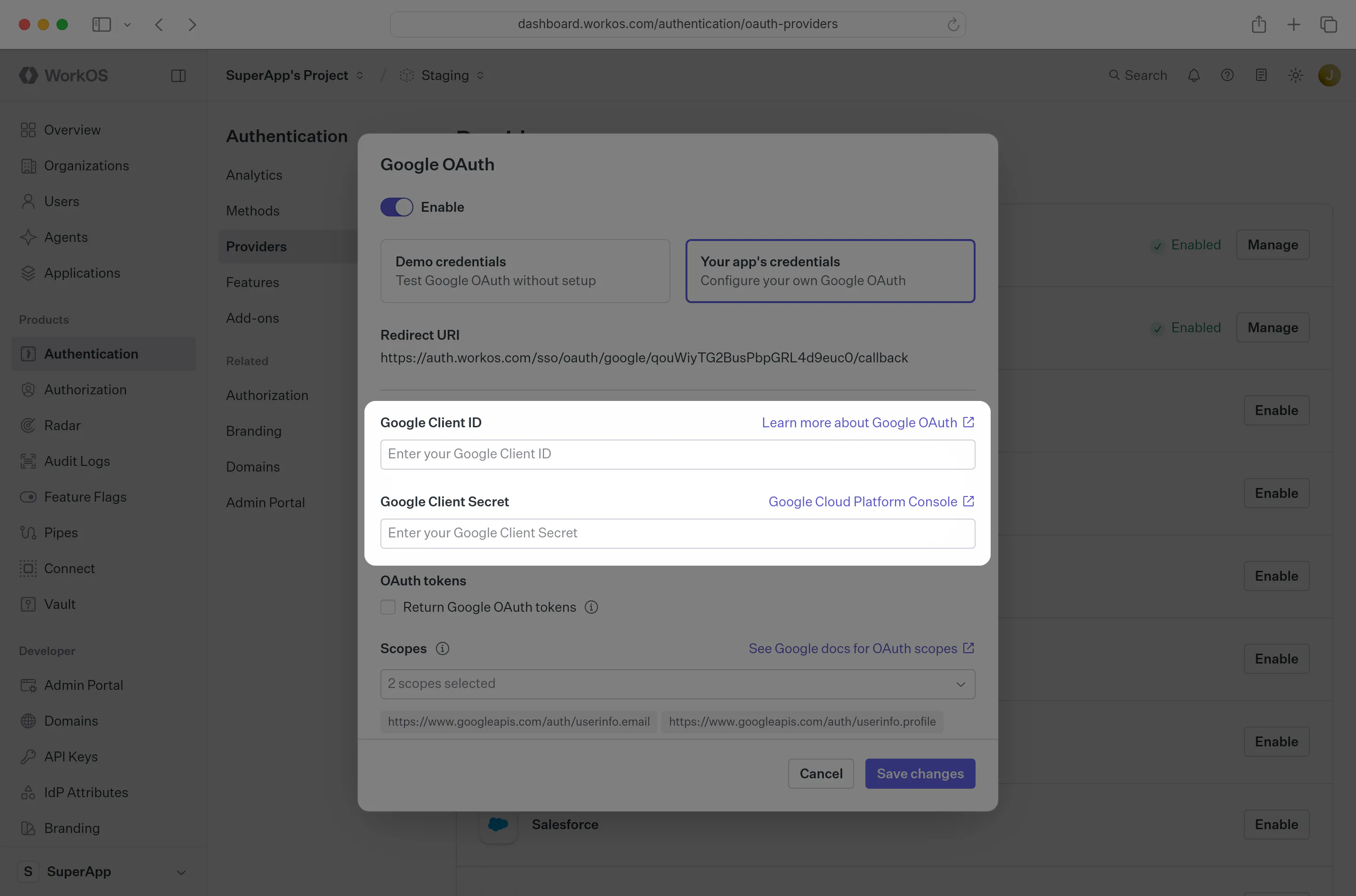 Where to enter the Google Client ID and Google Client Secret in the WorkOS Dashboard.