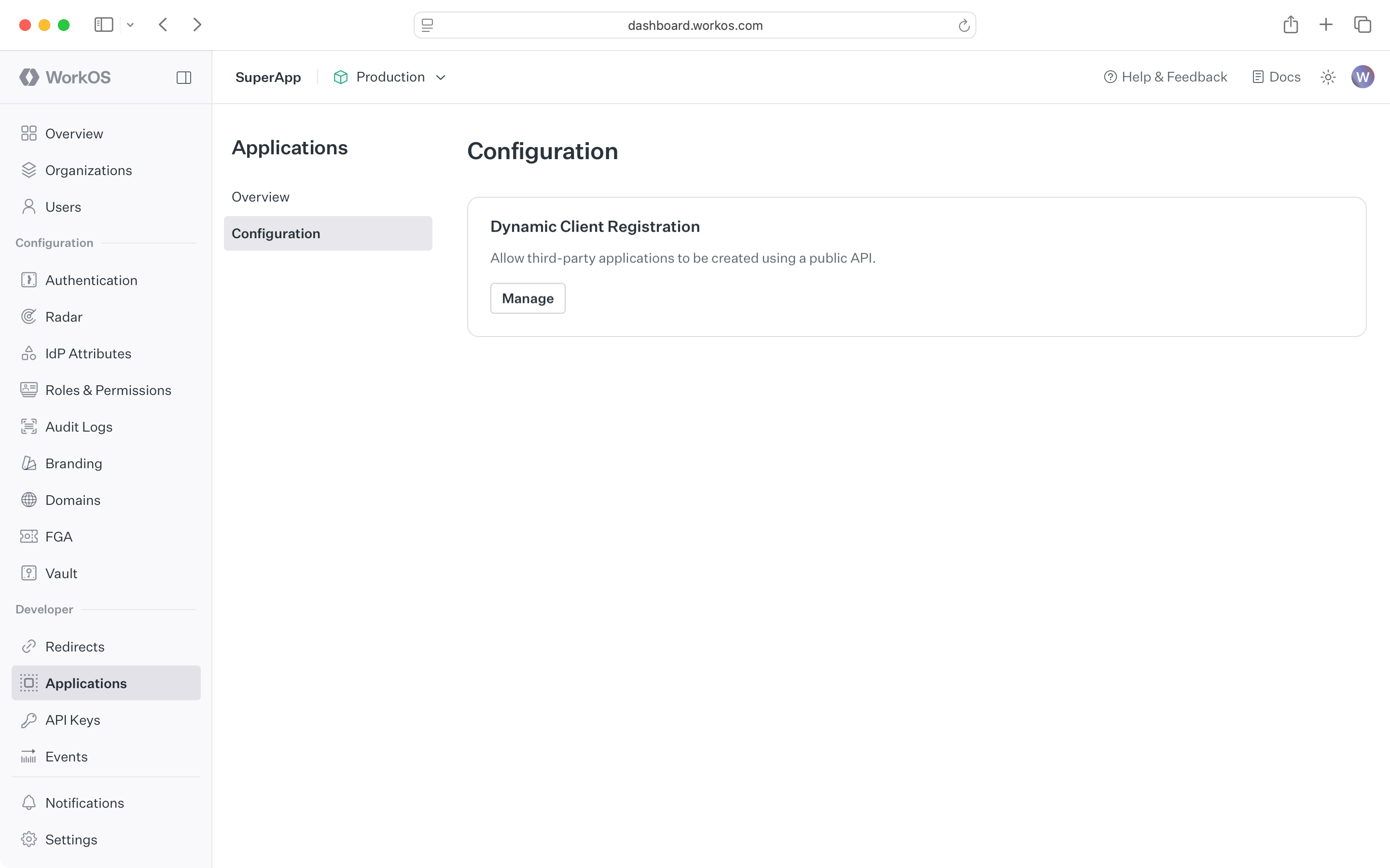 A screenshot of the Applications Configuration page in the WorkOS Dashboard.