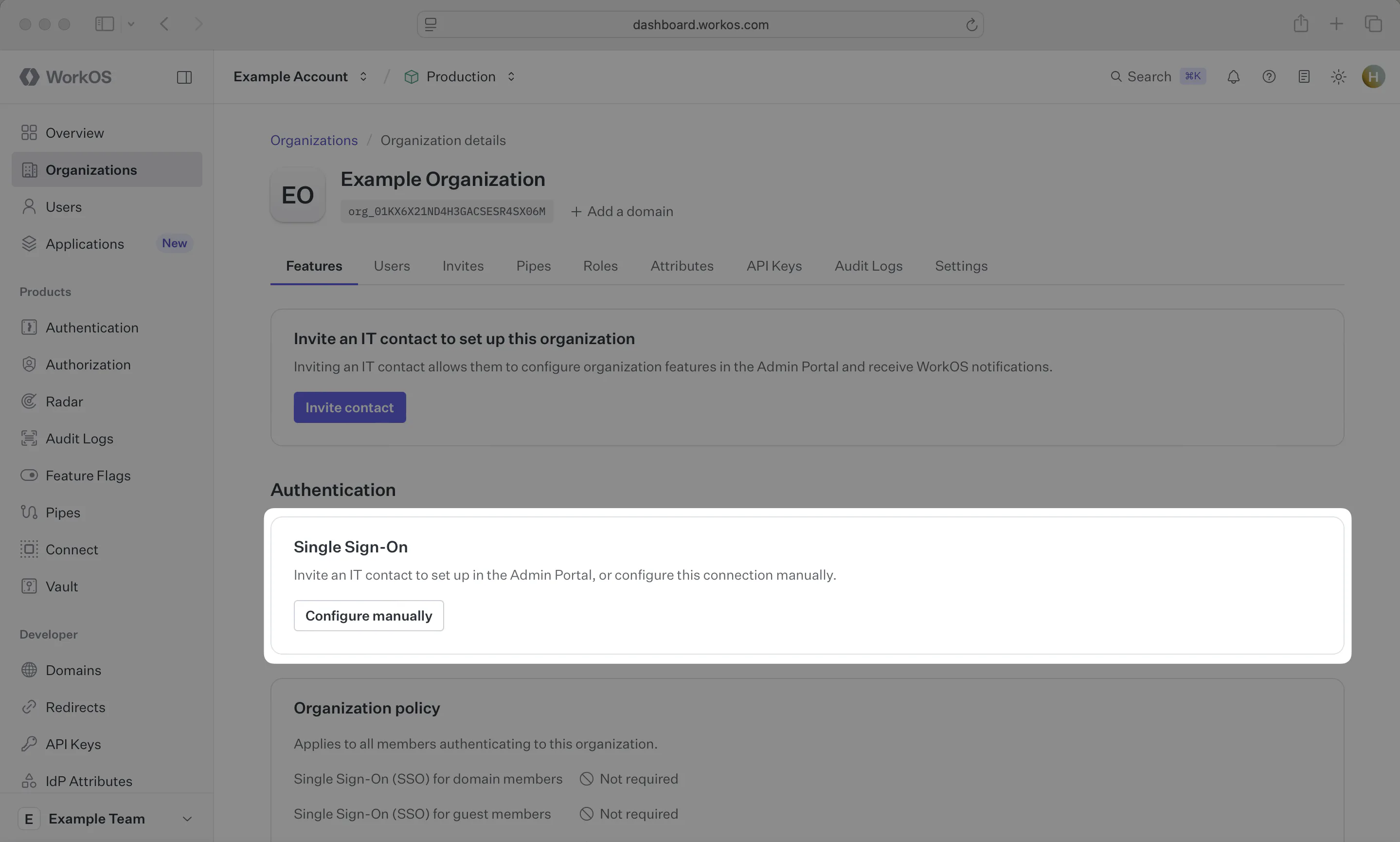 A screenshot showing where to find "Manually Configure Connection" in the WorkOS Dashboard.