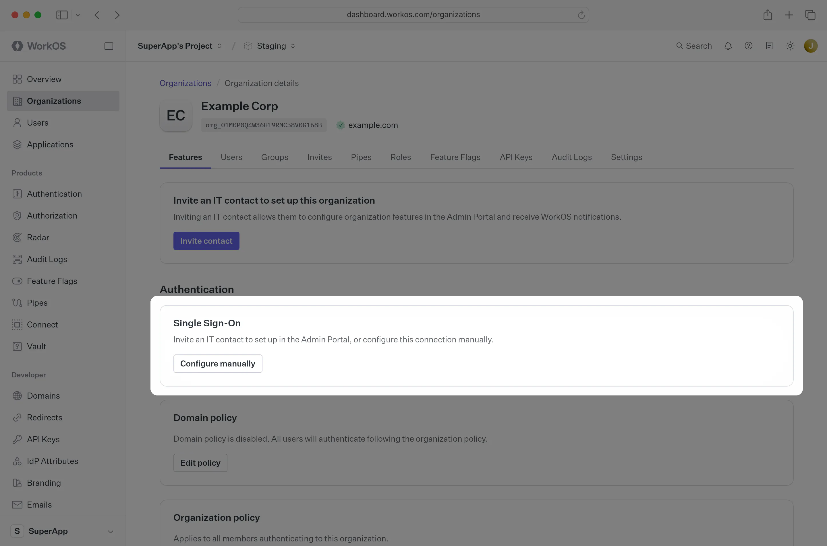 A screenshot showing where to find “Manually Configure Connection” in the WorkOS Dashboard.