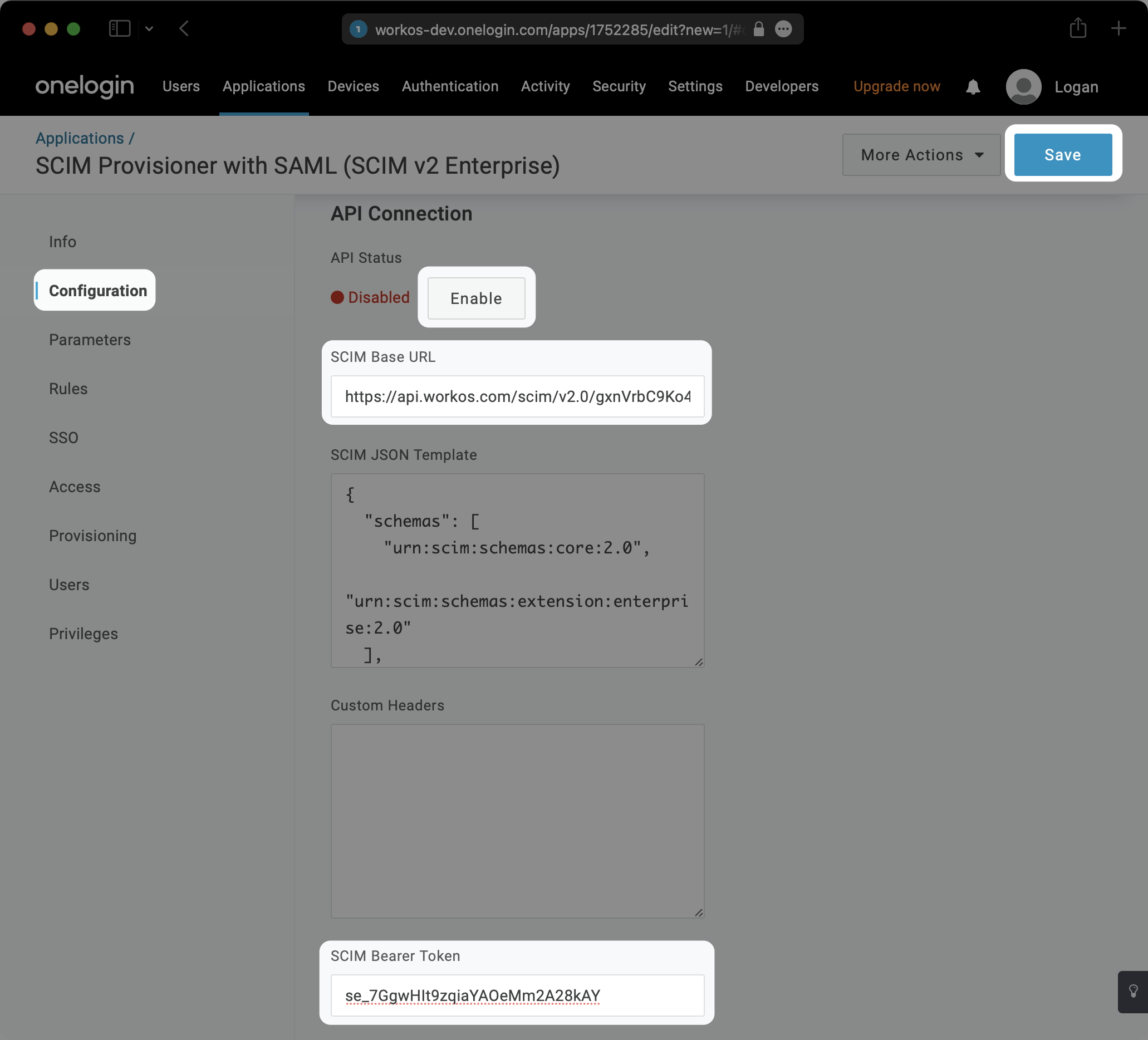 A screenshot showing where to select the "Configure" tab and input your "SCIM Base URL" and "SCIM Bearer Token" in your SCIM App in OneLogin