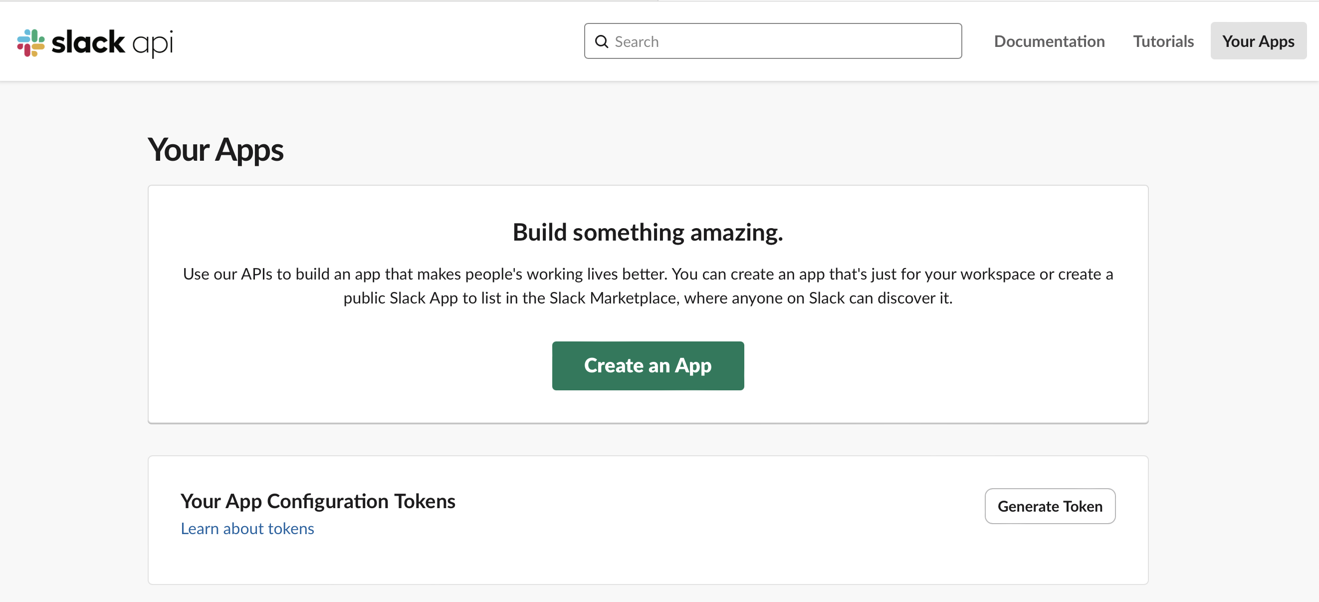 The Slack API portal showing the create new app button.