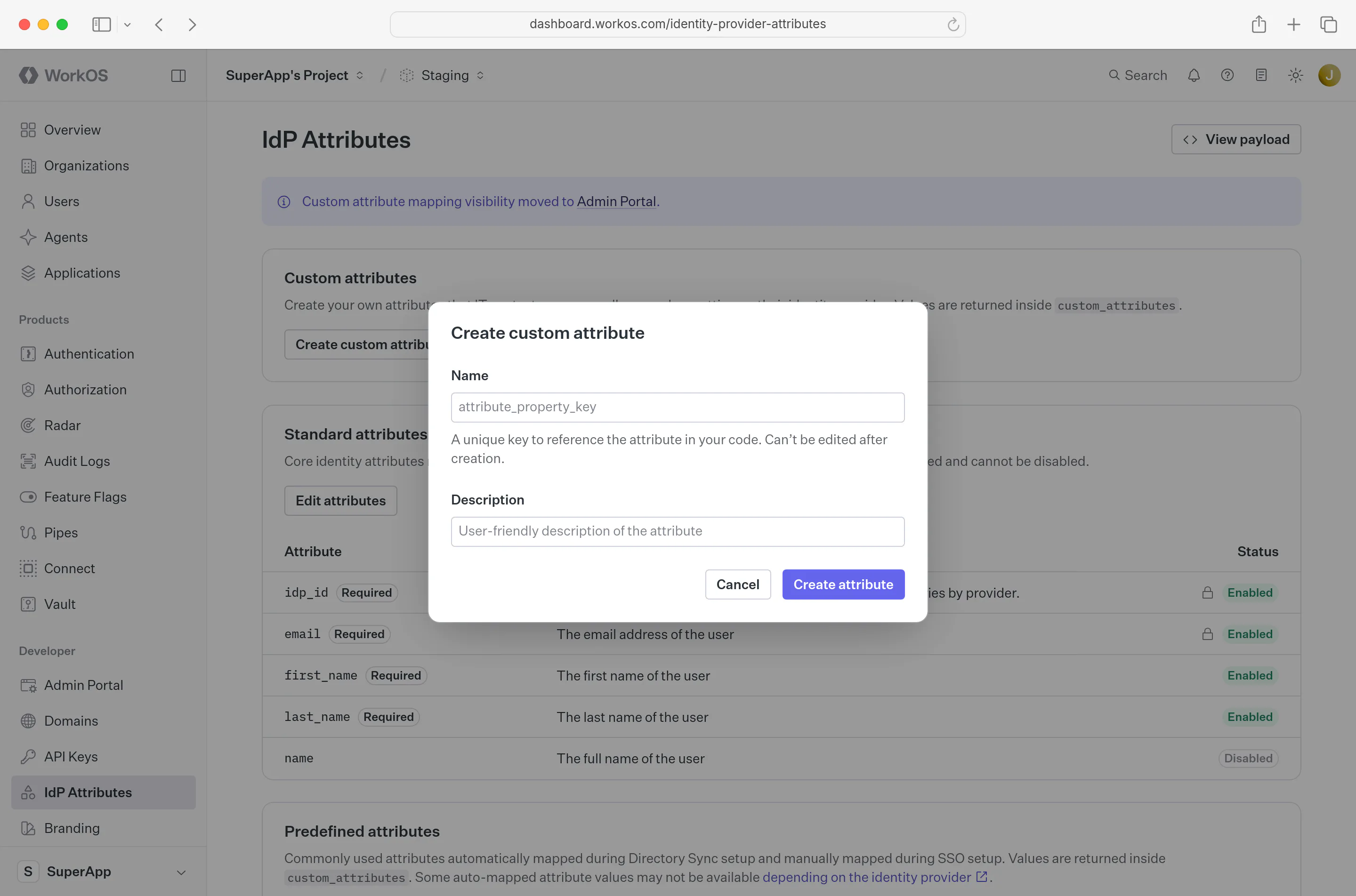 WorkOS Dashboard UI showing custom attribute creation