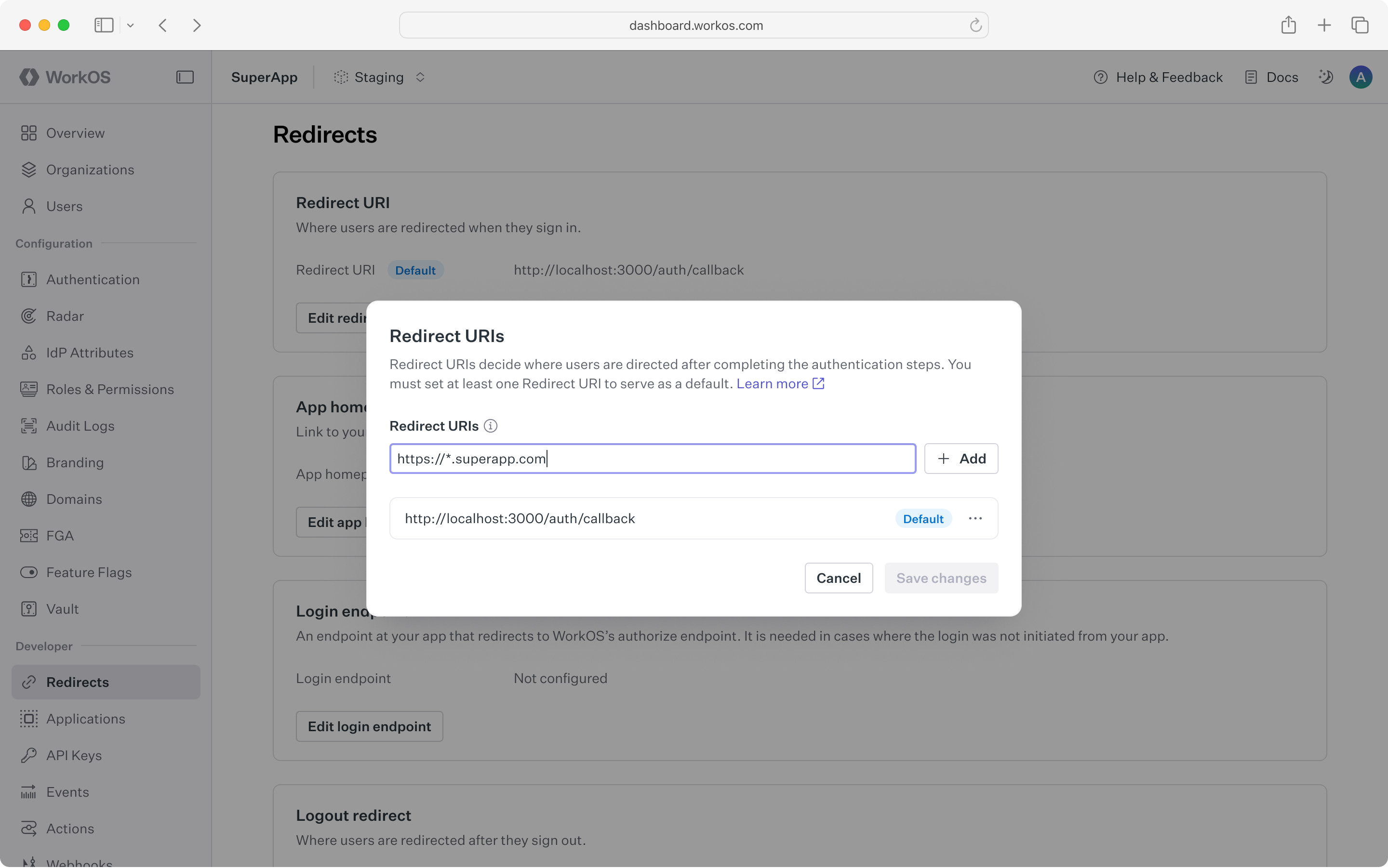Dashboard updating the redirect URIs to use a wildcard in staging