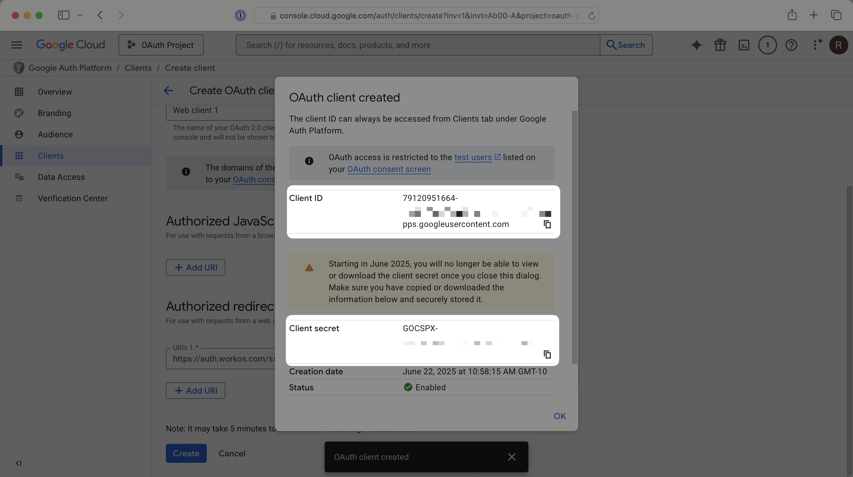 The client ID and client secret in the Google Cloud Platform Console Dashboard.
