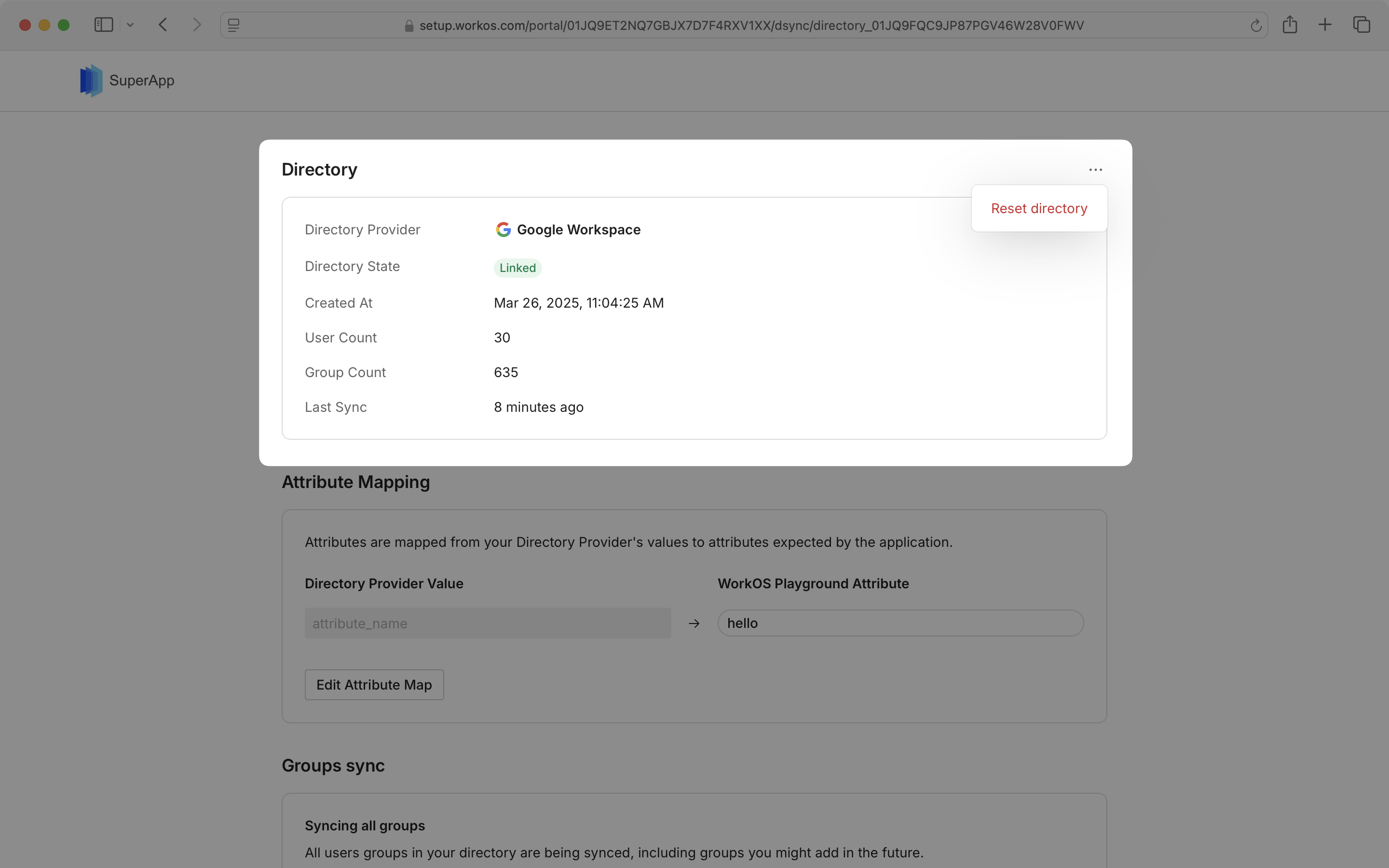 A screenshot showing Admin Portal Directory Sync screen details.