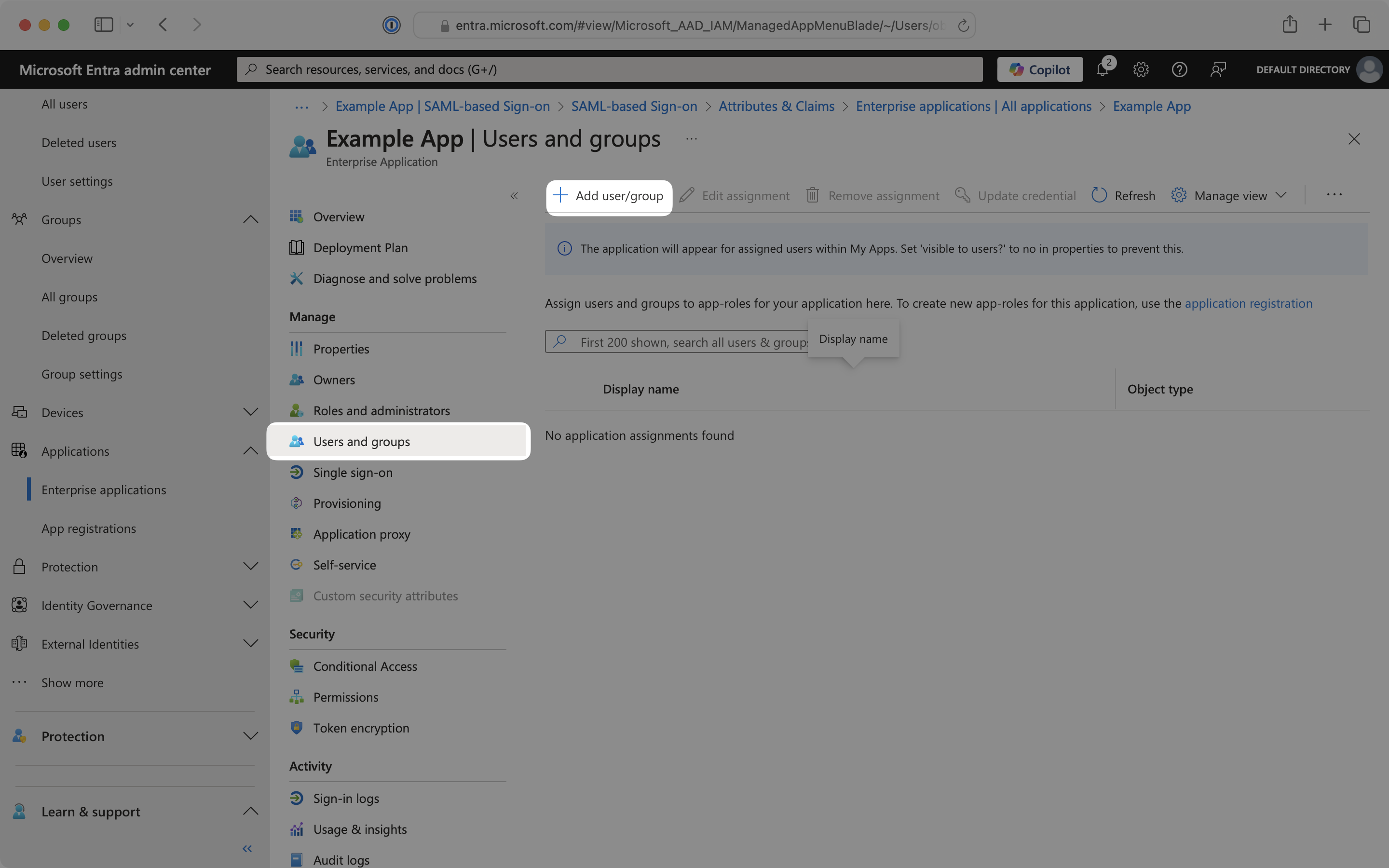 Enterprise application Users and groups tab with "Add user/group" button
