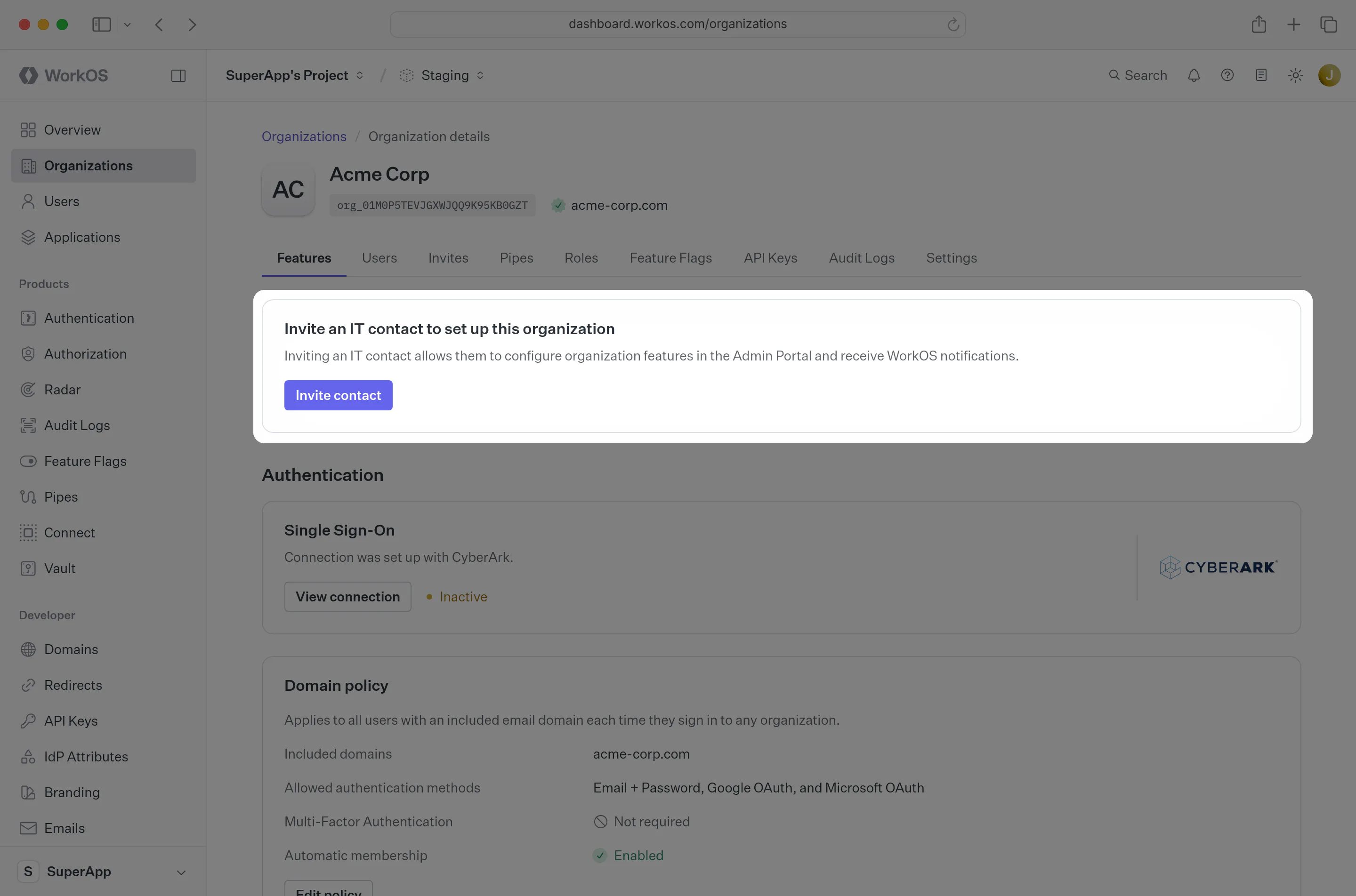 Select “Invite Admin” from the organization page.