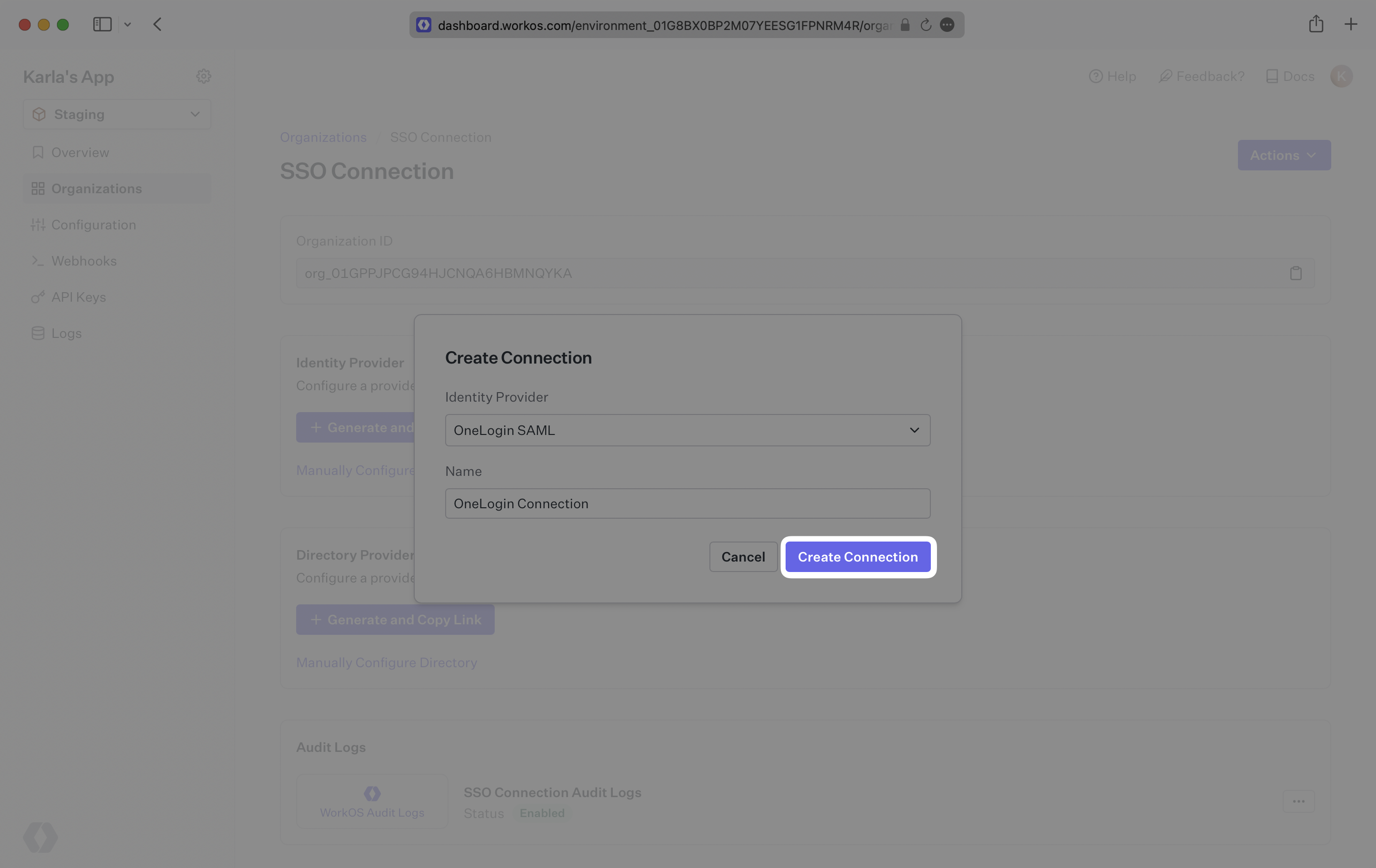 A screenshot showing how to create a connection in the WorkOS Dashboard.