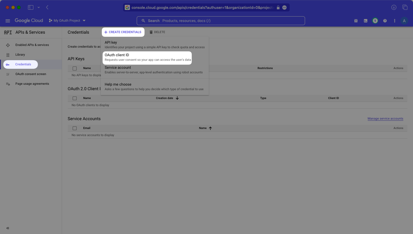 A screenshot showing where to find the "OAuth client ID" option in the Google Cloud Platform Console Dashboard.