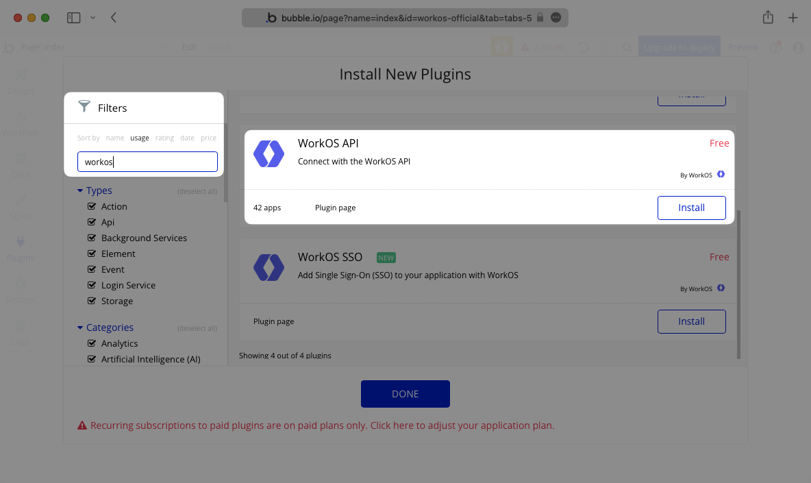 A screenshot showing how to install the WorkOS API plugin in Bubble.
