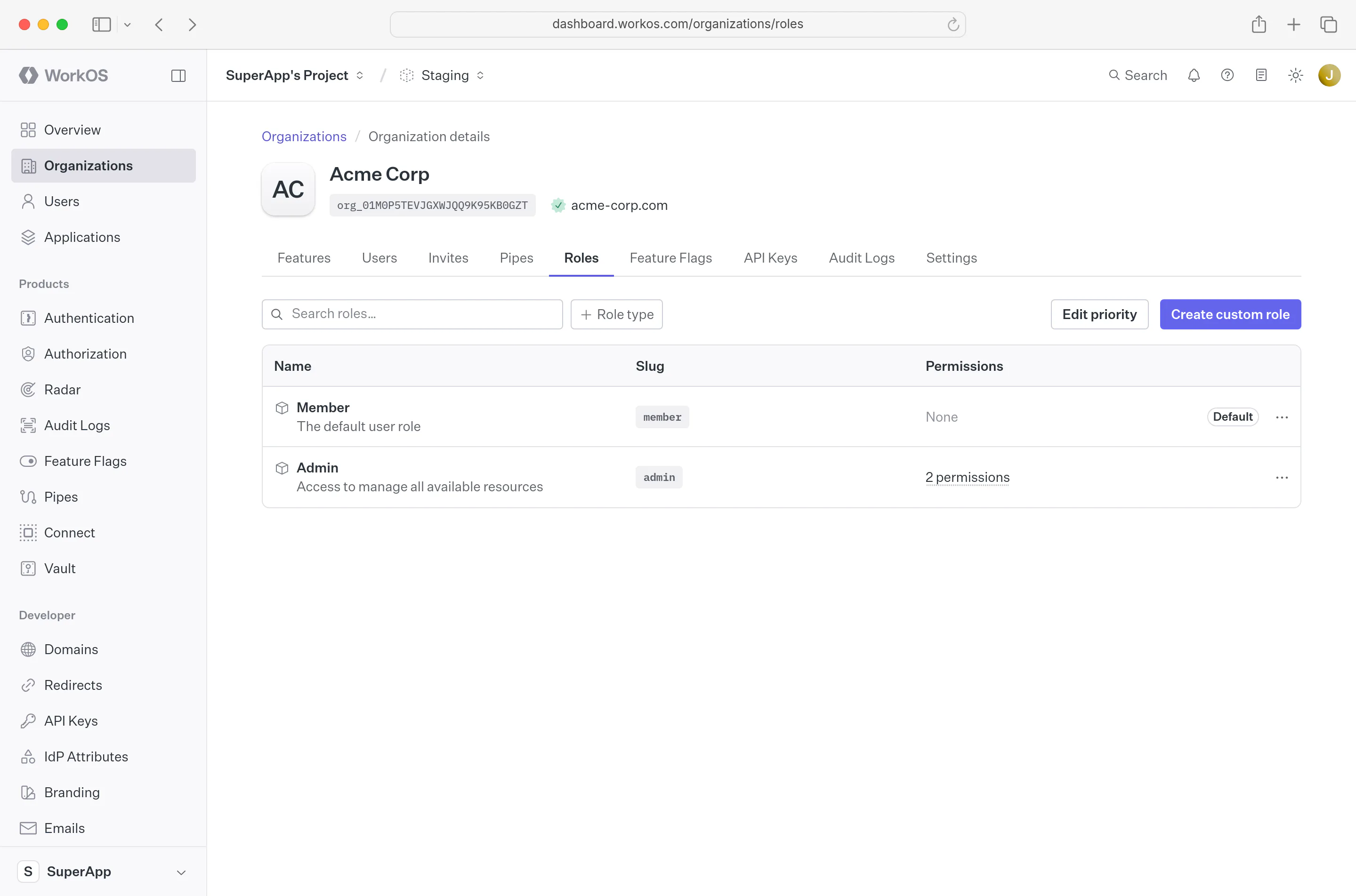 Roles tab for organization