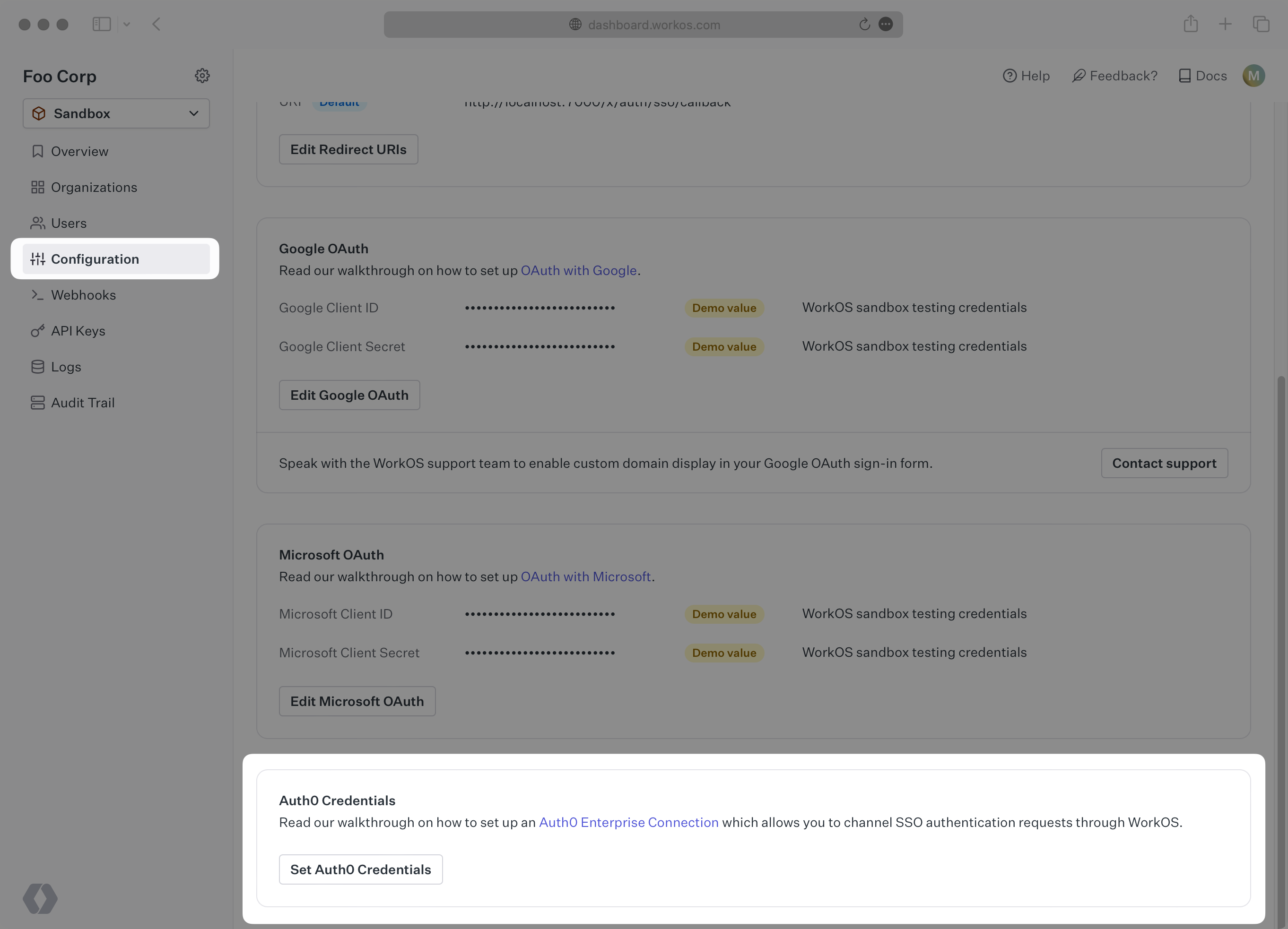 A screenshot showing the “Auth0 Credentials” section in the WorkOS dashboard.