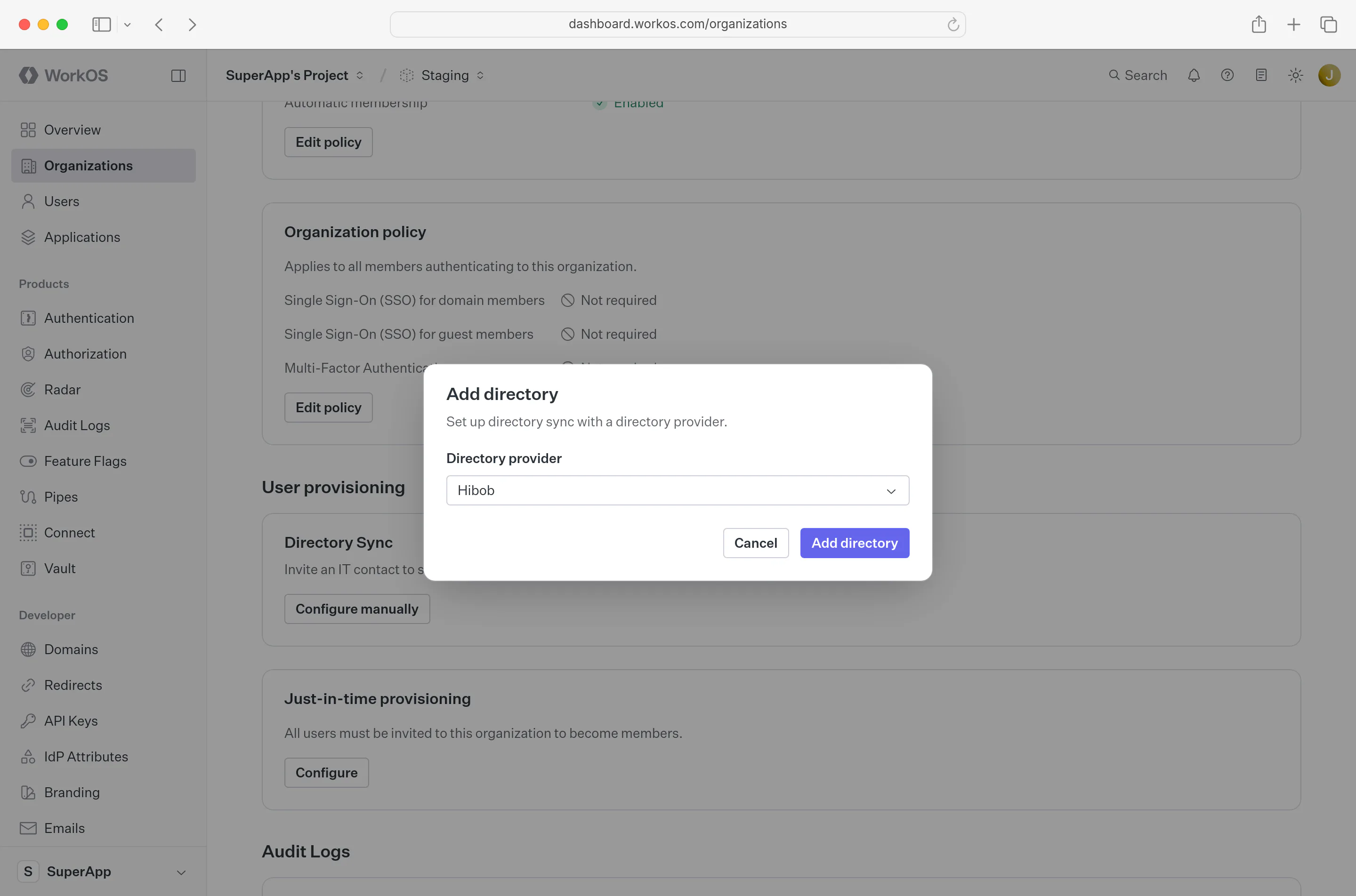 A screenshot highlighting the “Create Directory” modal for creating a HiBob directory in the WorkOS Dashboard.