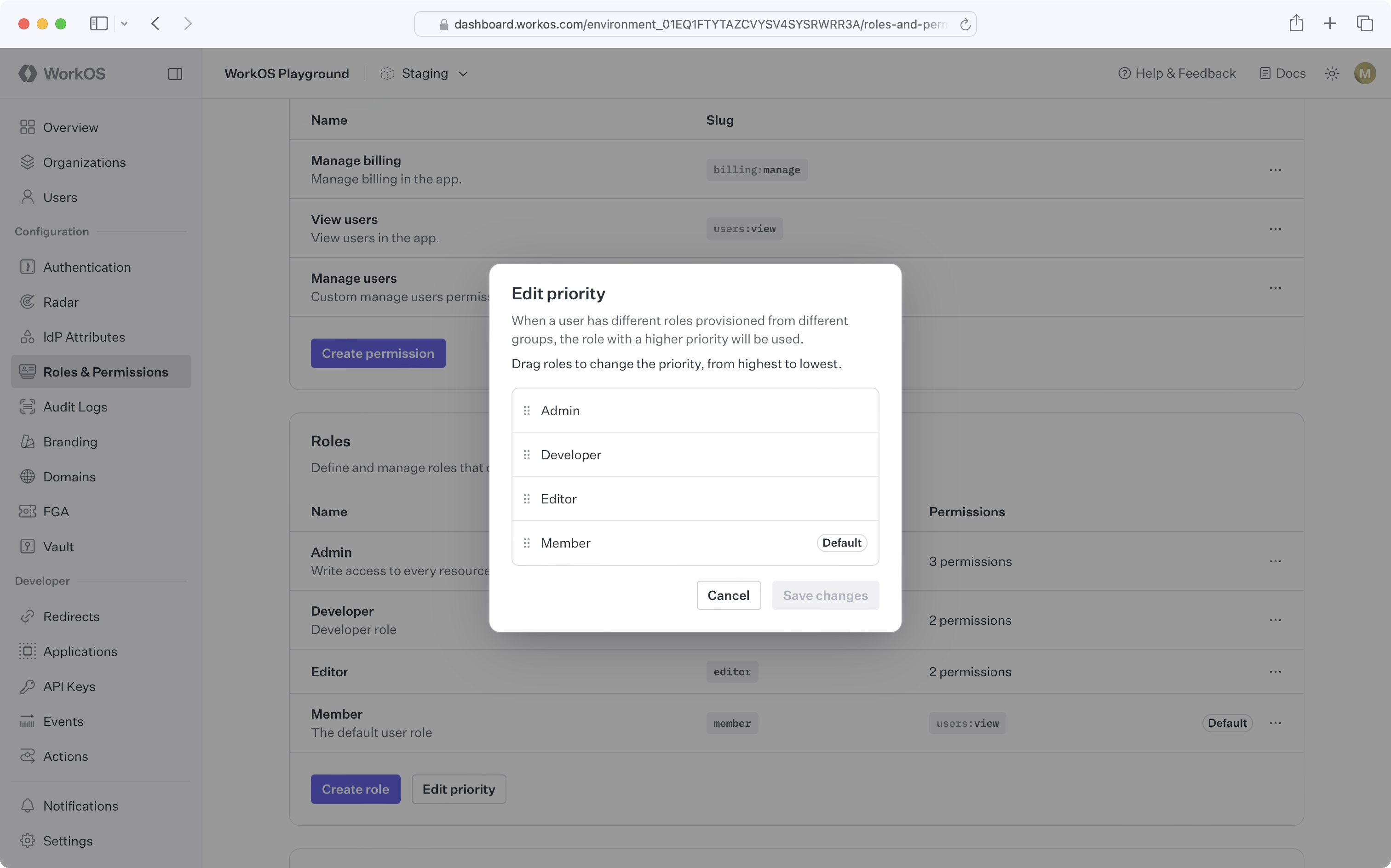 Edit role priority dialog