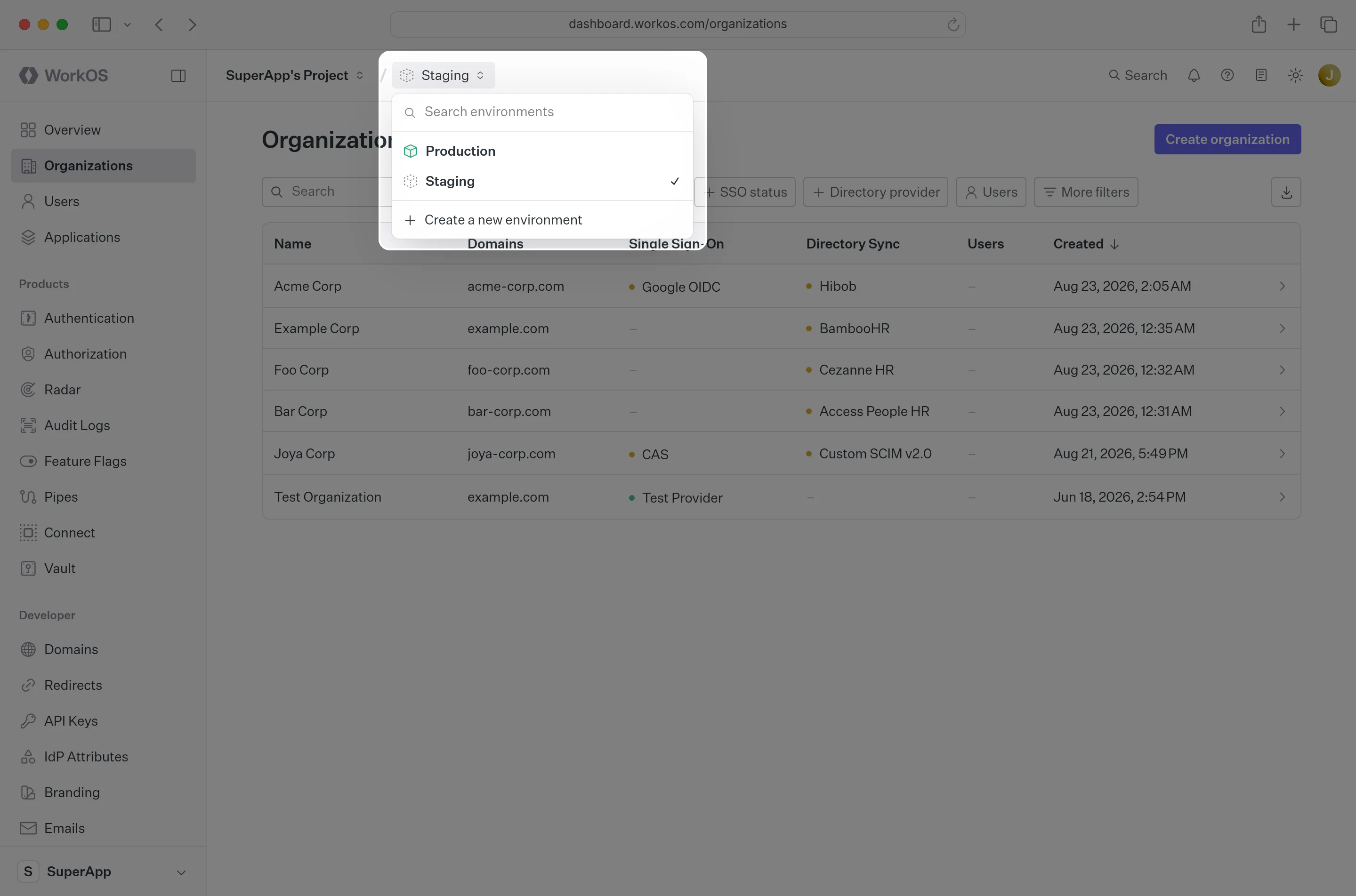 Select the desired WorkOS environment from the navigation.