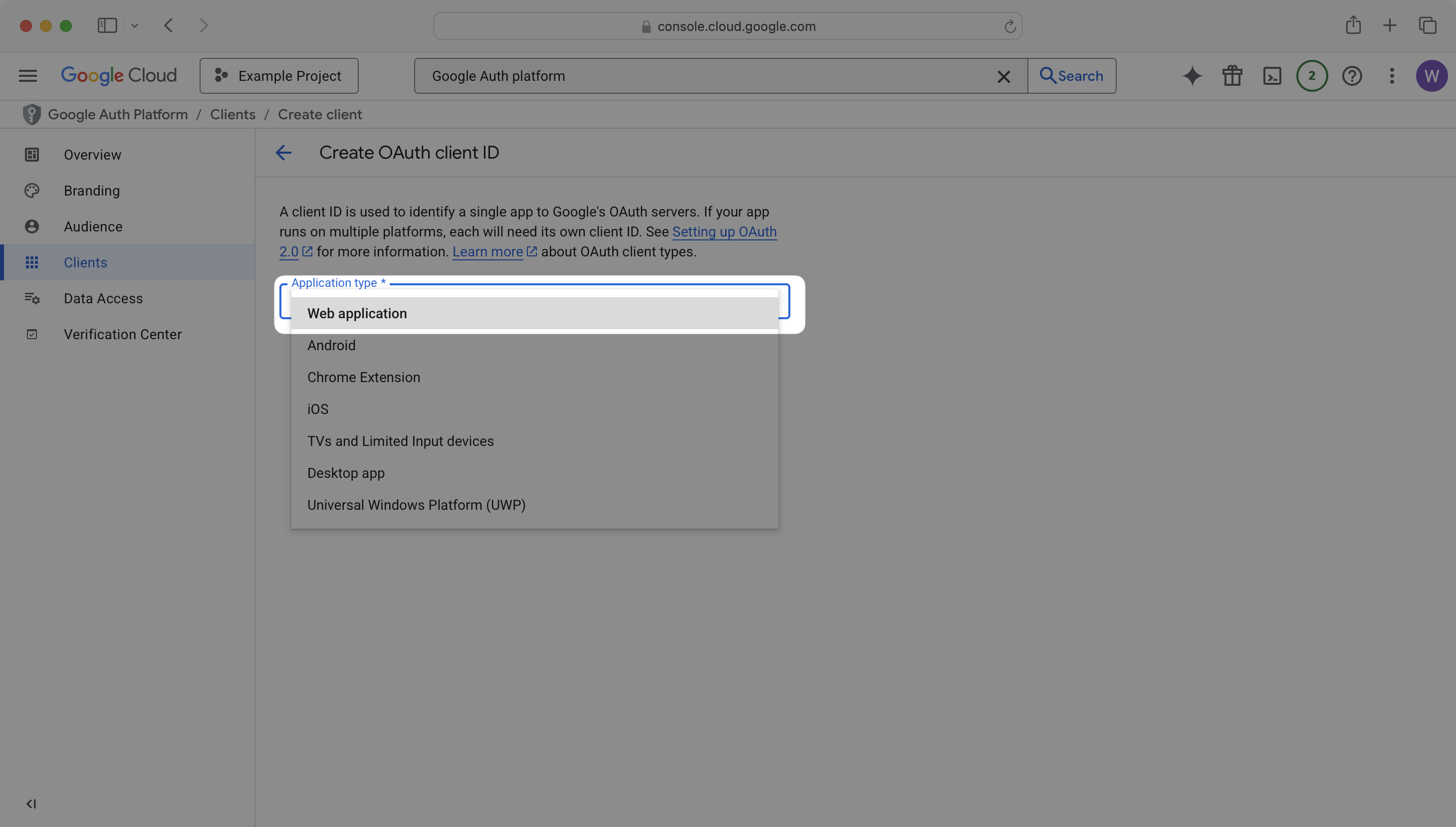 OAuth client creation form with Web application selected as application type