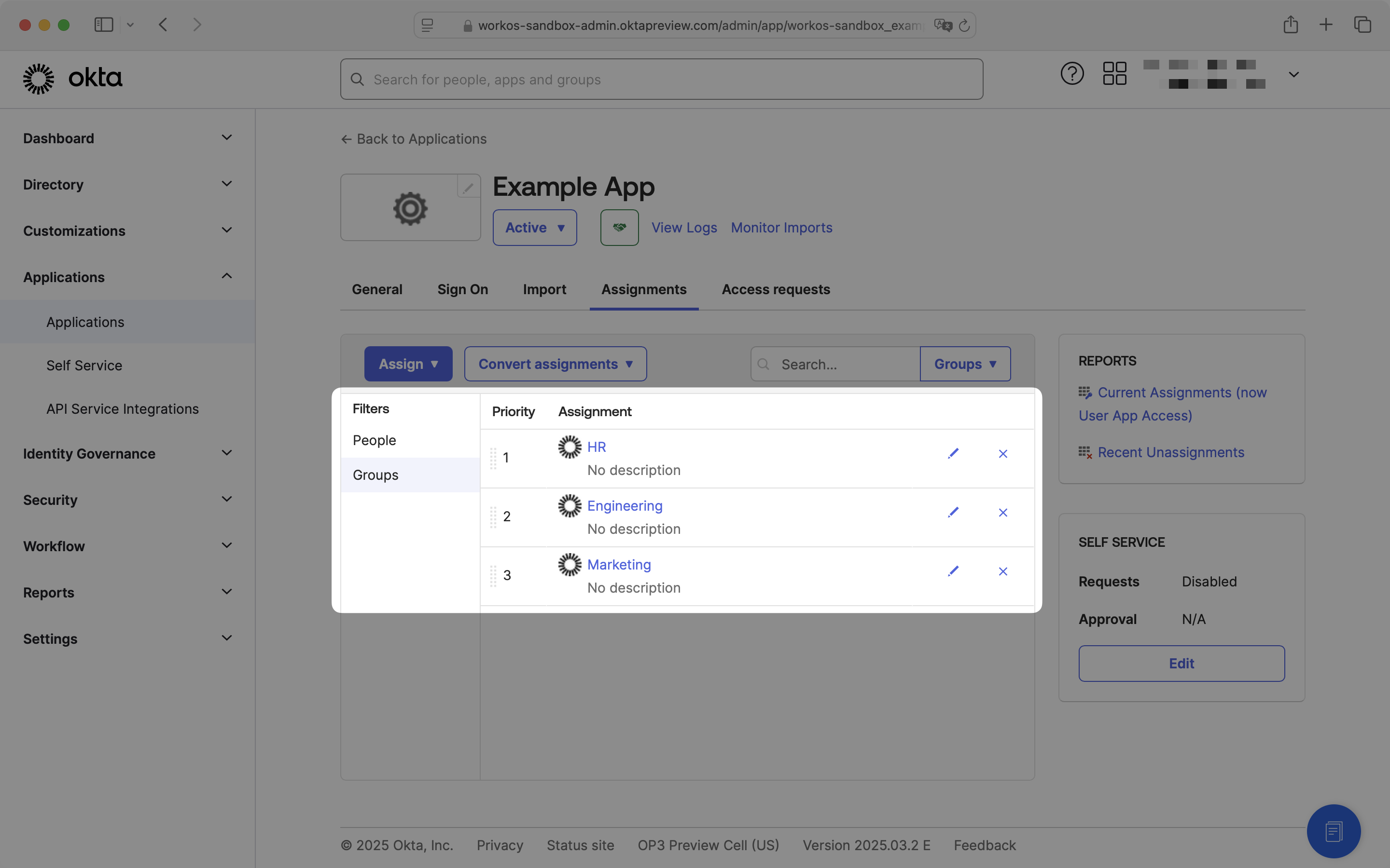 Okta dashboard showing assigned groups