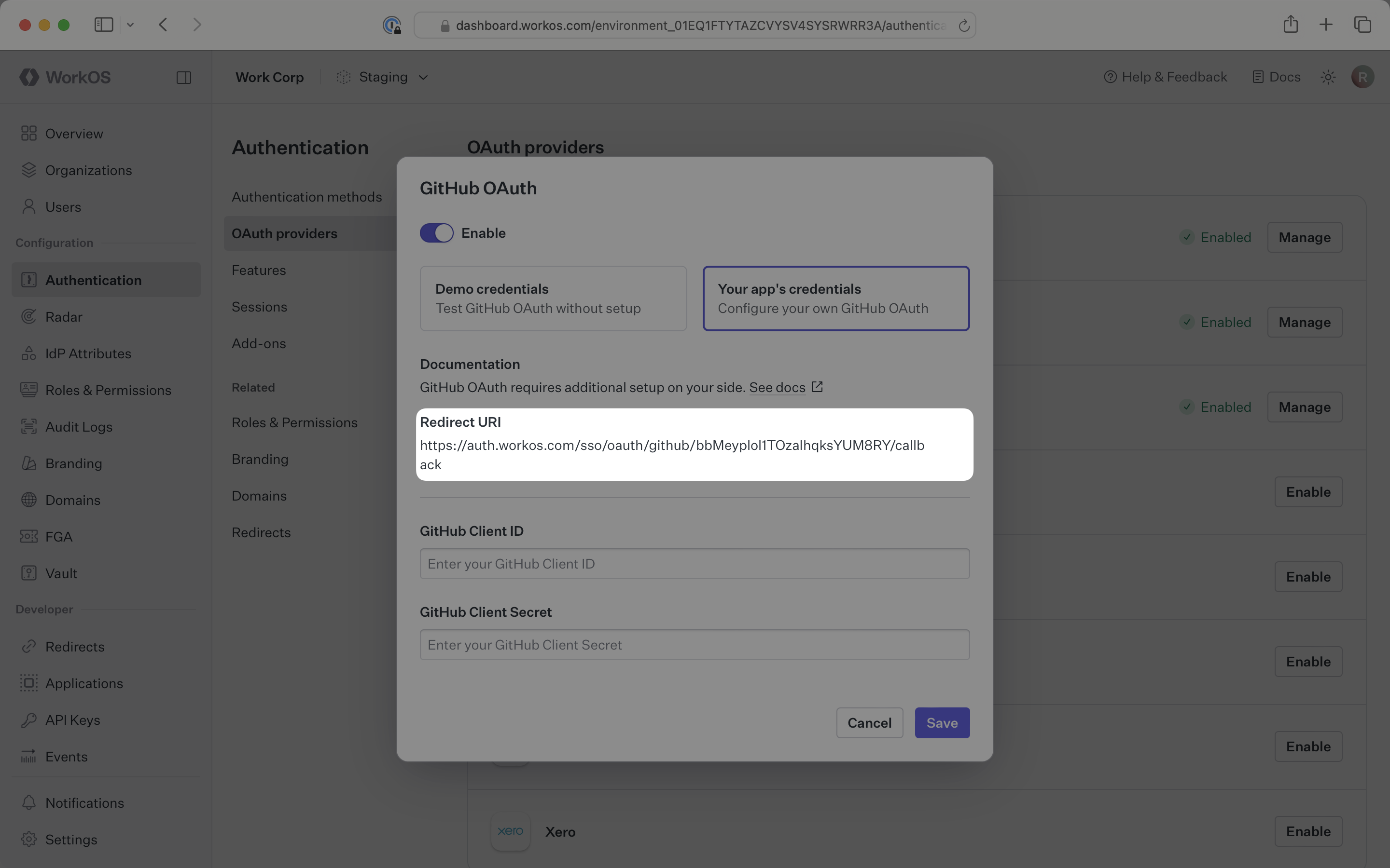 GitHub OAuth Redirect URI in the WorkOS Dashboard