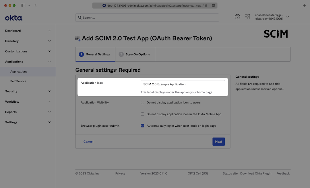 A screenshot showing where to enter a name in the "Application label" field in Okta.