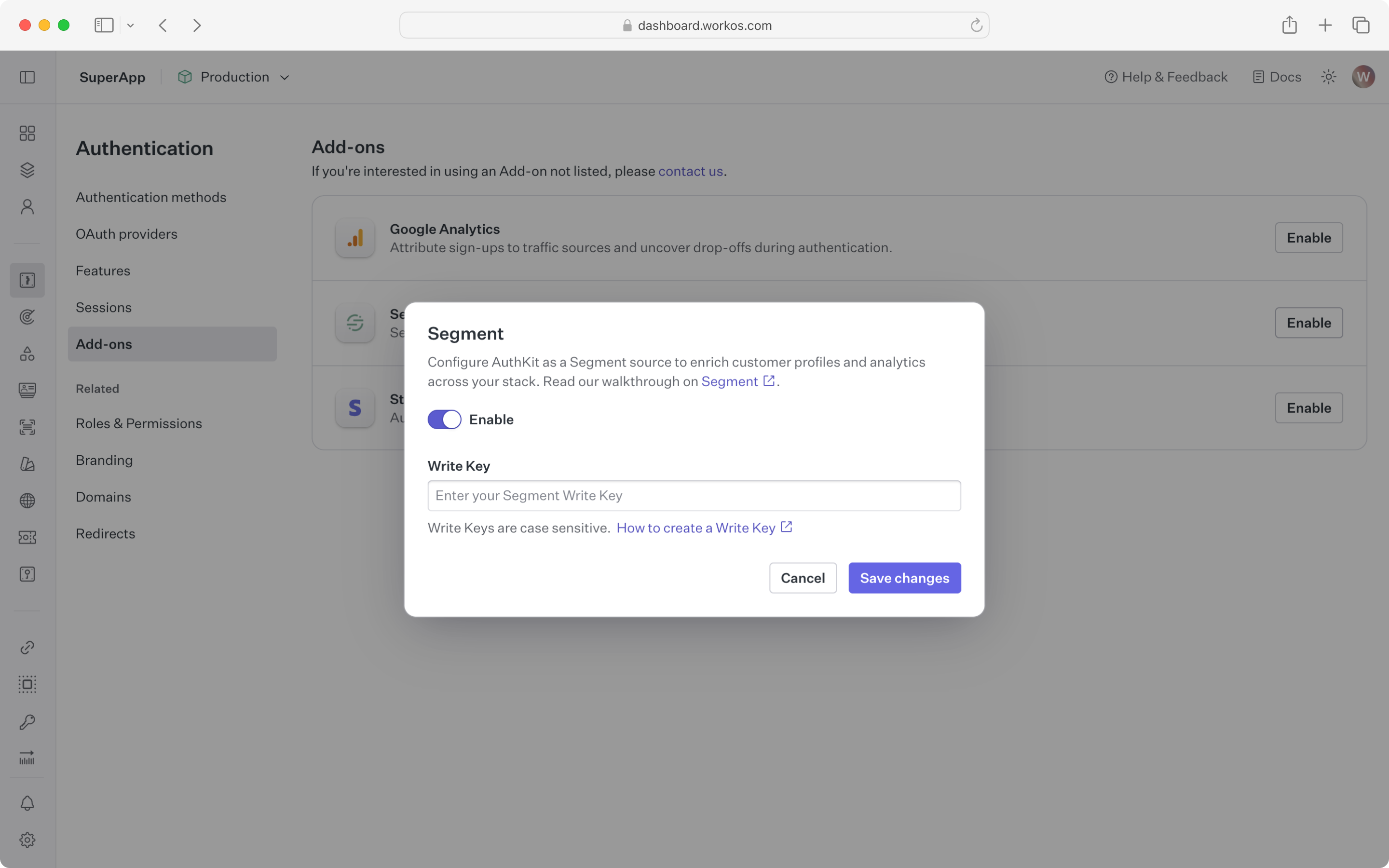 Segment modal containing a Write Key field in the WorkOS Dashboard