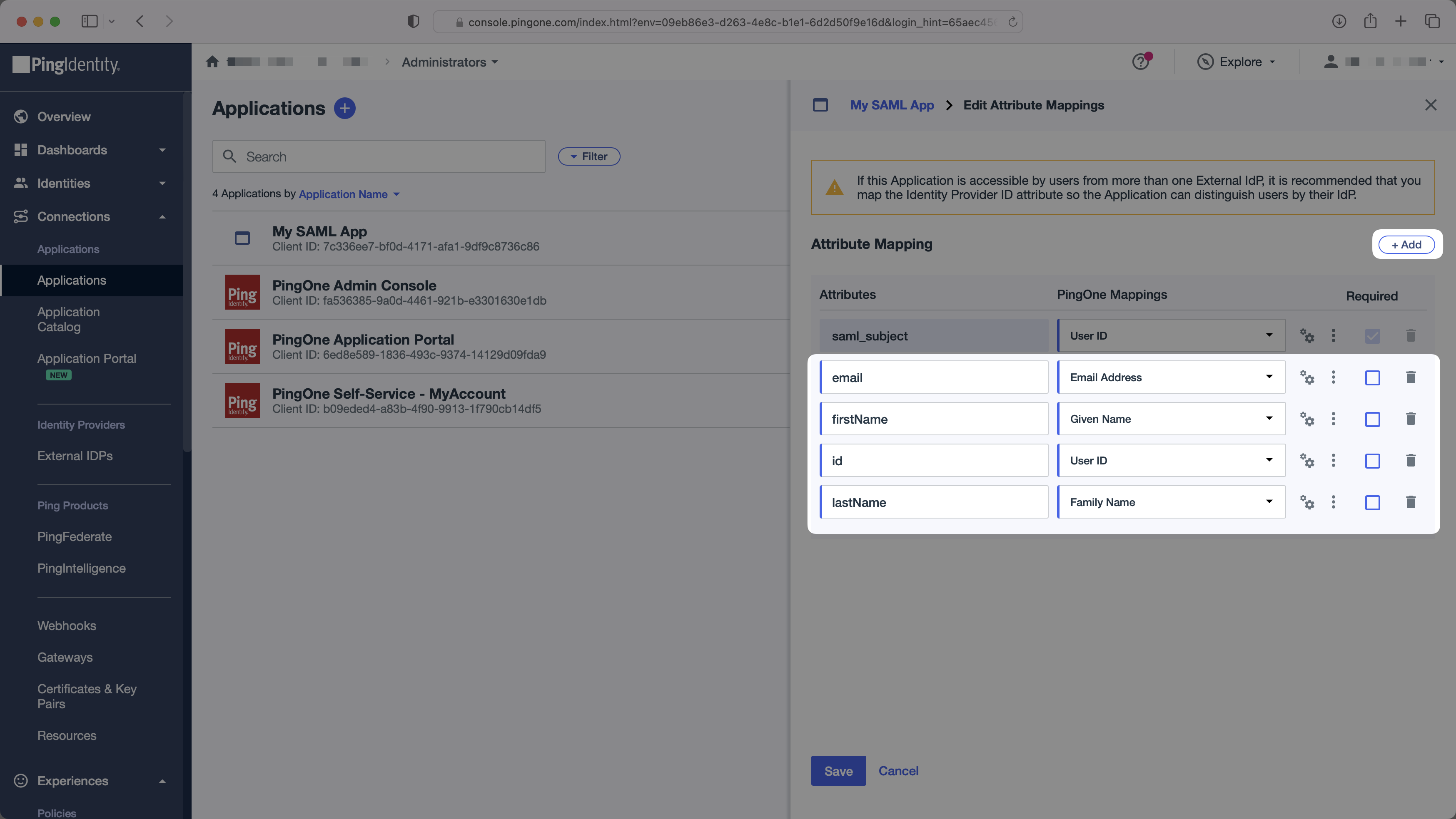 A screenshot showing where to configure SAML attributes in PingOne.