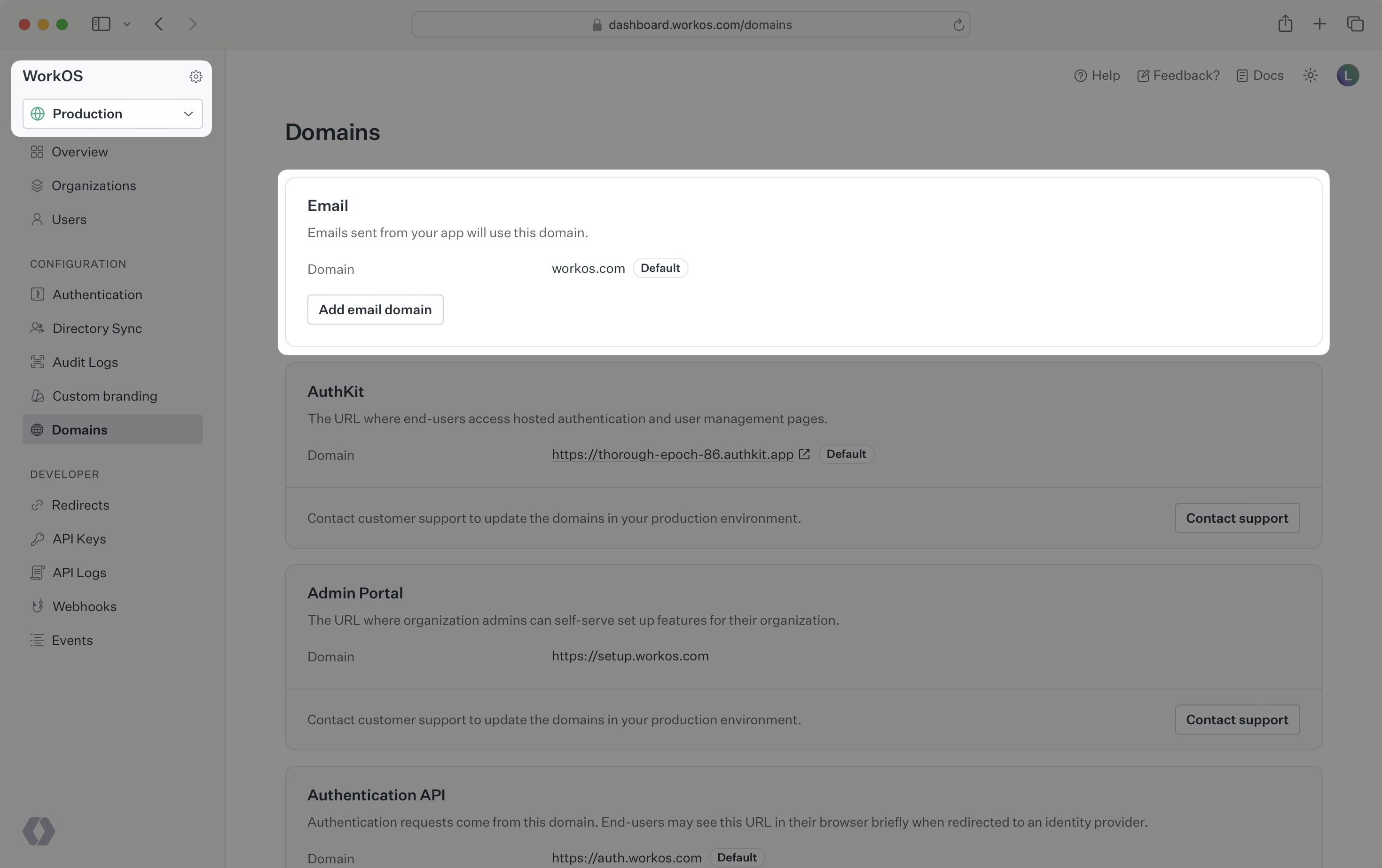 Dashboard displaying domain configuration settings