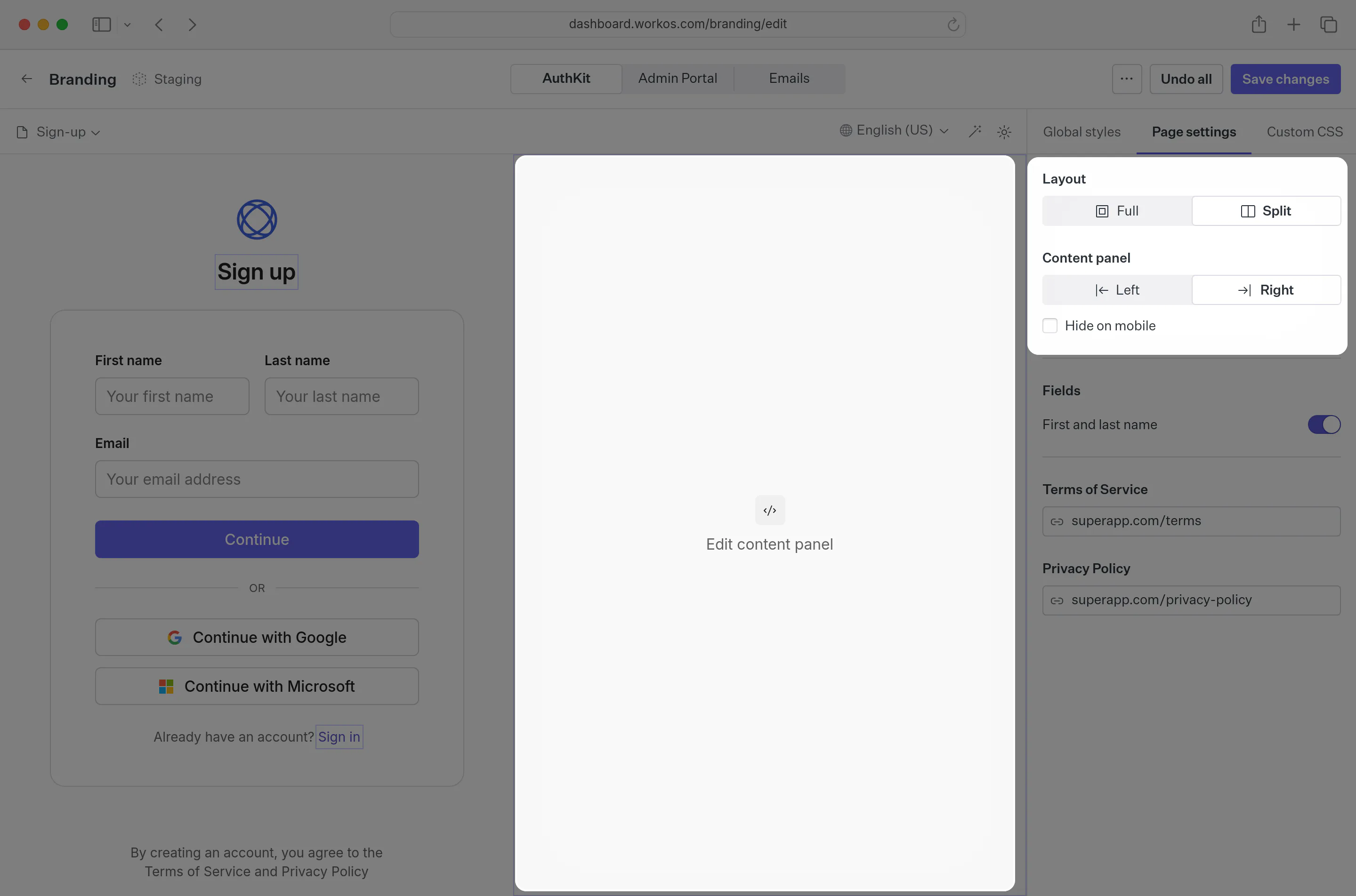 Split layout content panel setting in the brand editor