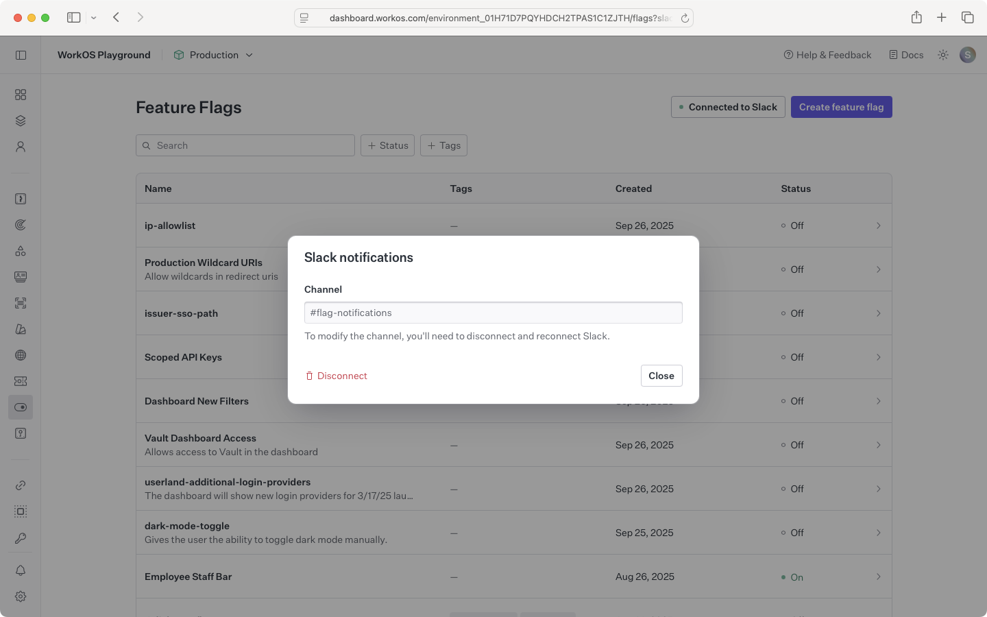 A screenshot showing the WorkOS Dashboard Slack notifications dialog for an existing connection