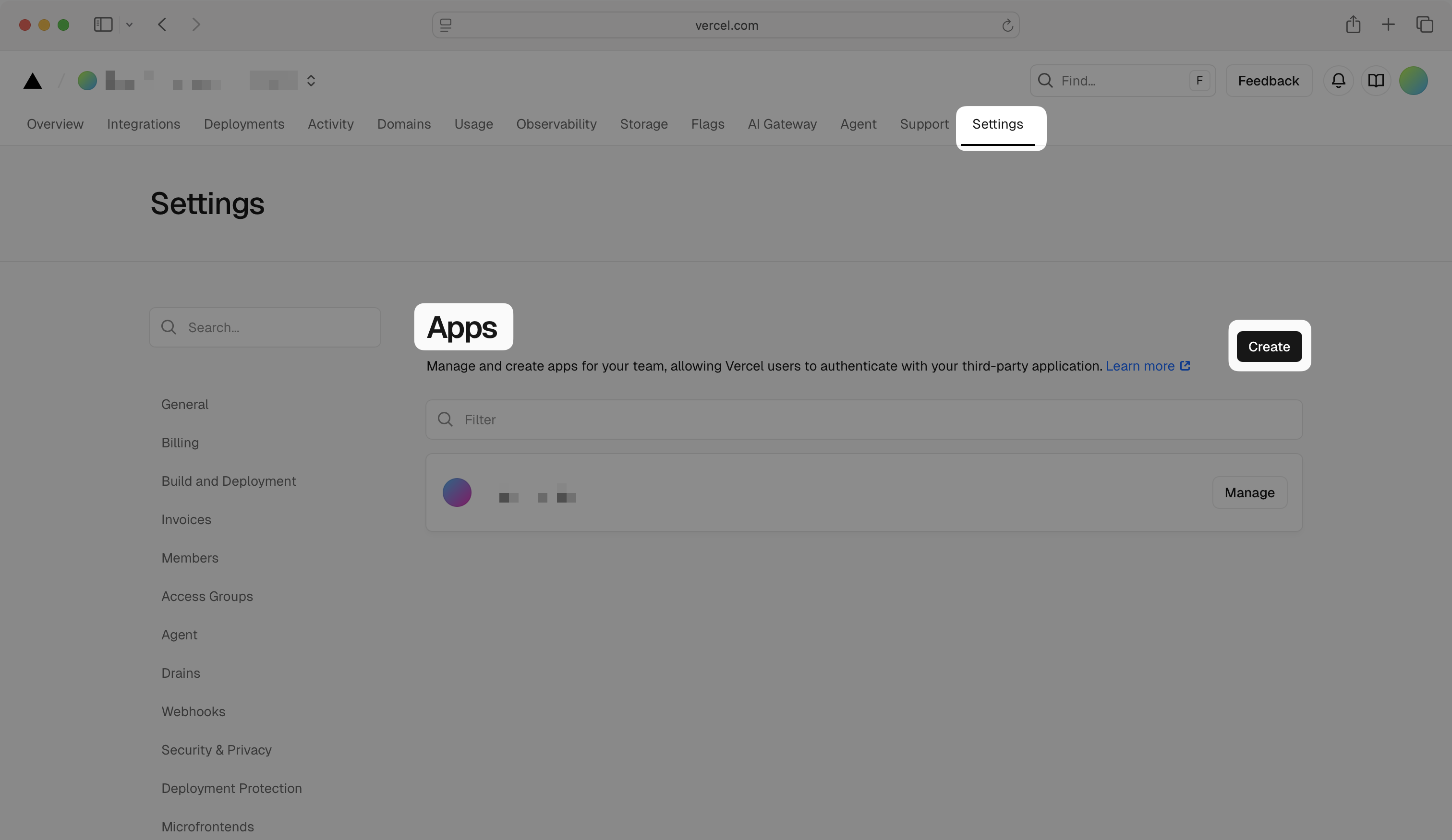 Vercel Apps page with Create button