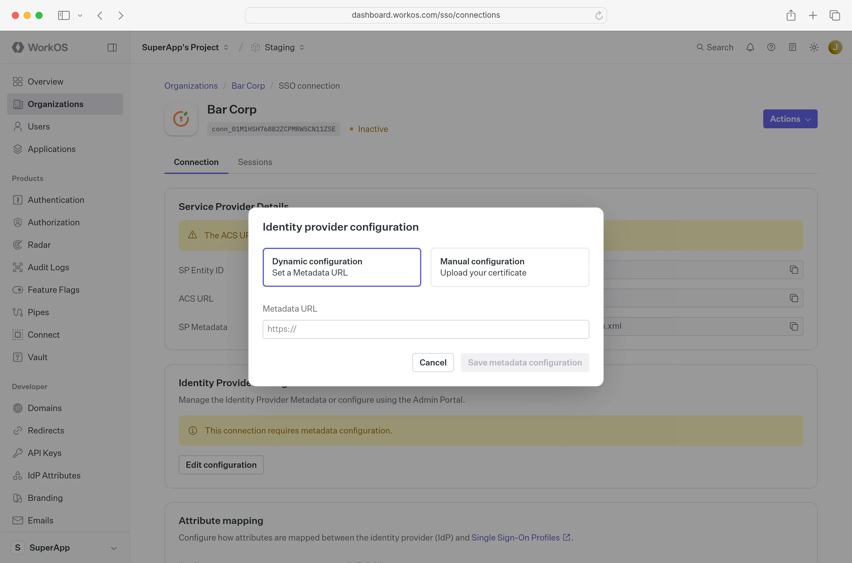 A screenshot showing how to input the Metadata URL into the Connection in the WorkOS Dashboard.