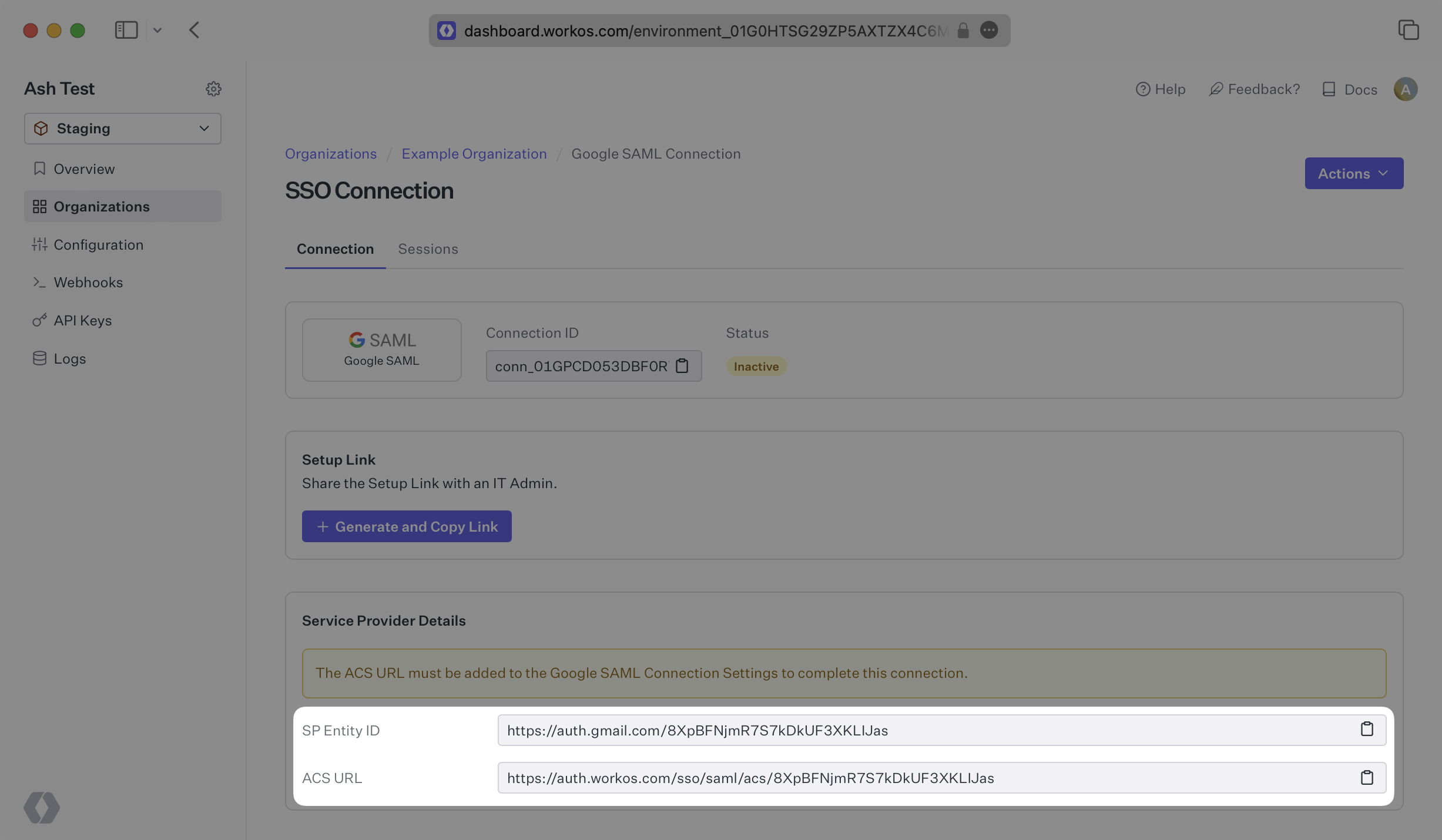 A screenshot showing where to find the ACS URL and SP Entity ID in the WorkOS Dashboard.