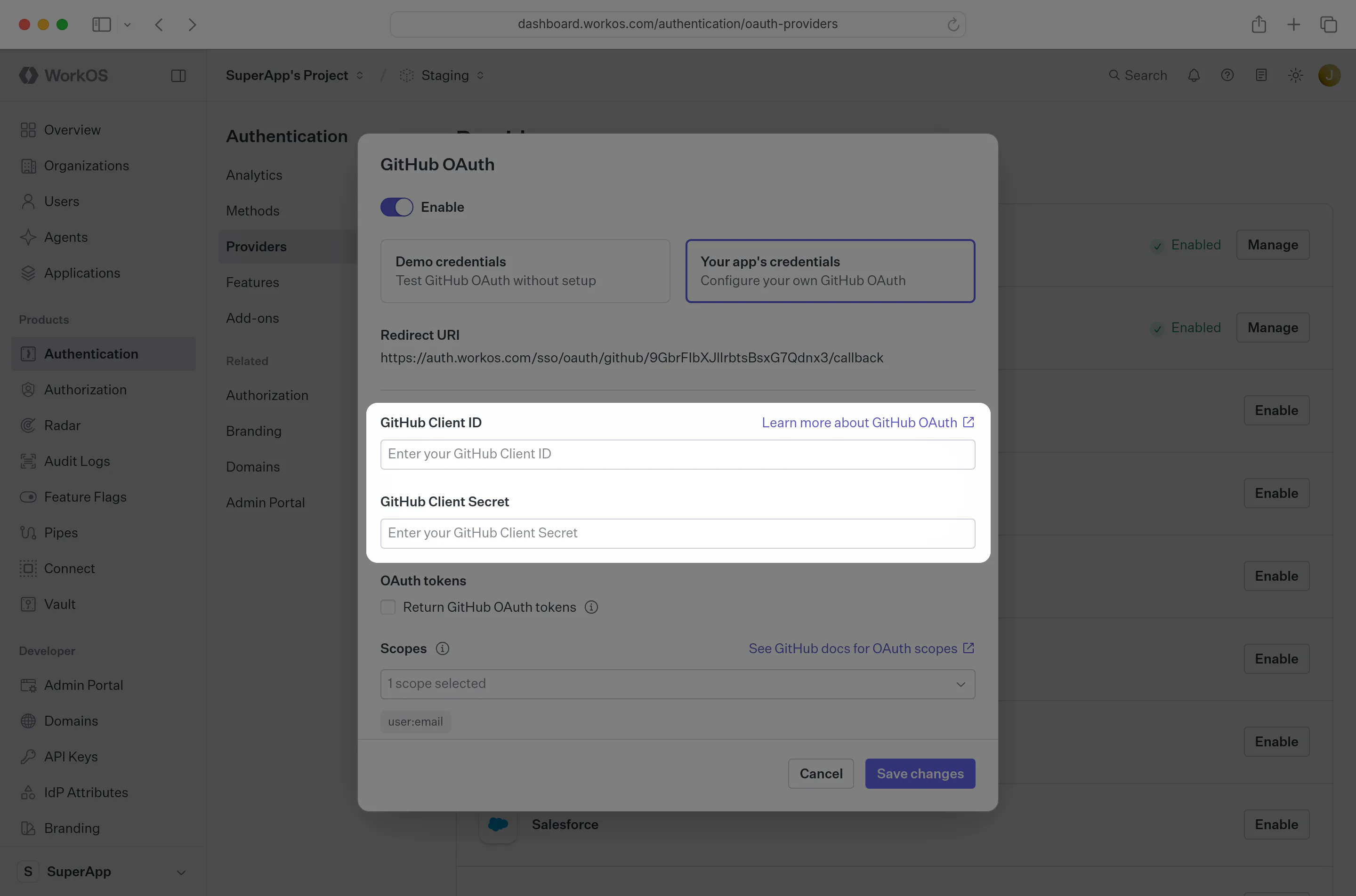 Where to enter the GitHub Client ID and GitHub Client Secret in the WorkOS Dashboard