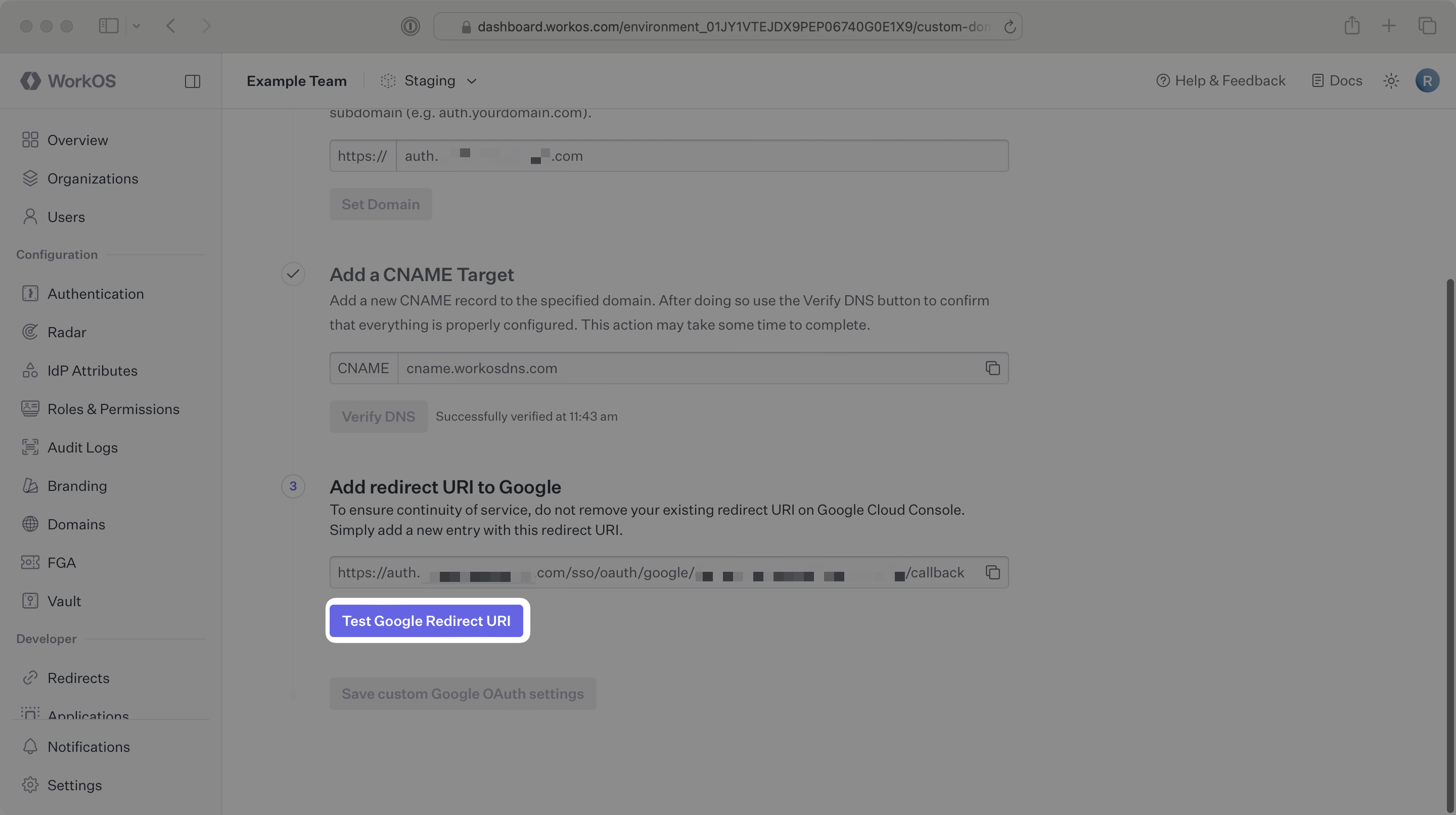 The Test Google Redirect URI button in the WorkOS Dashboard.