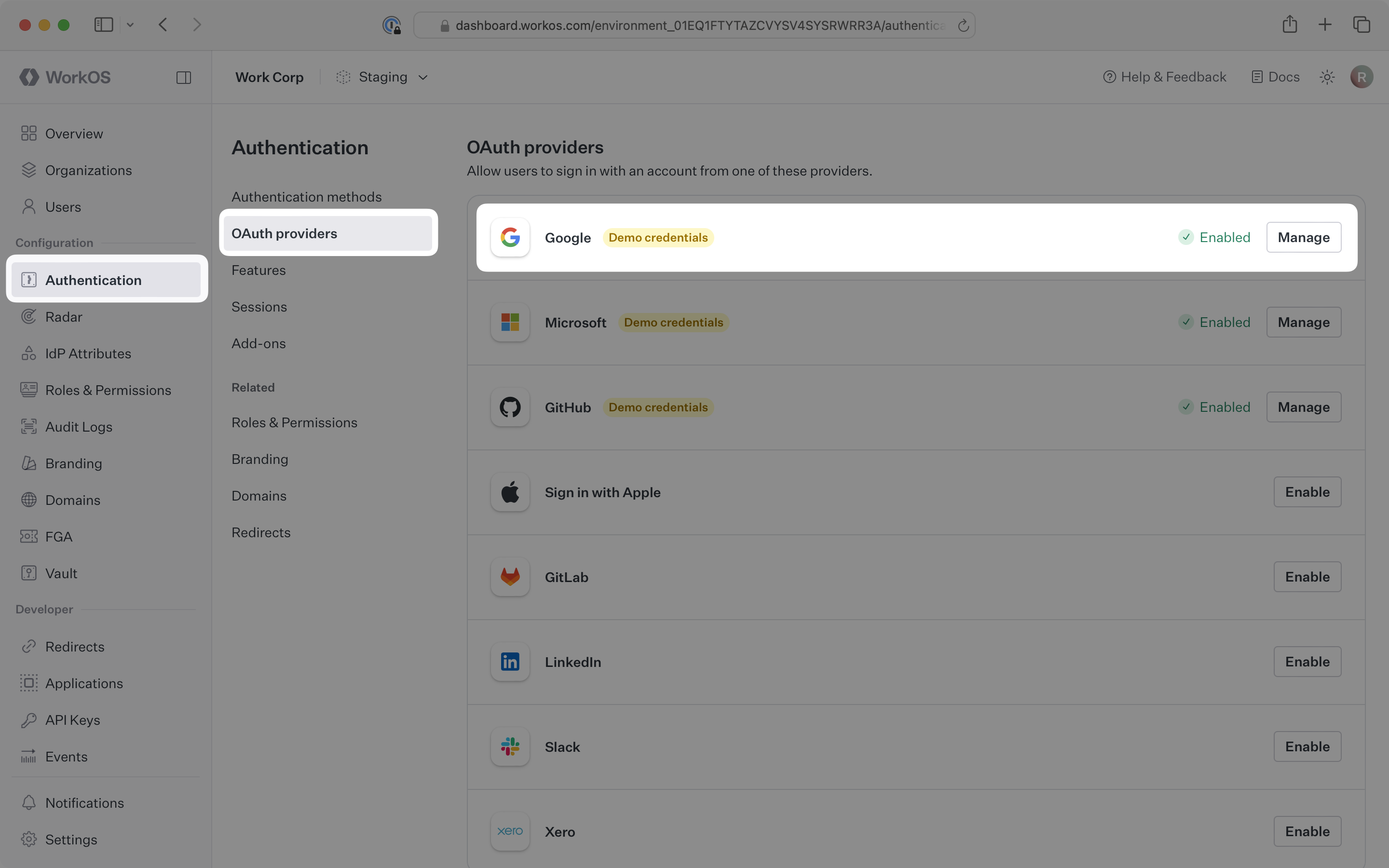 Open the Google configuration dialog