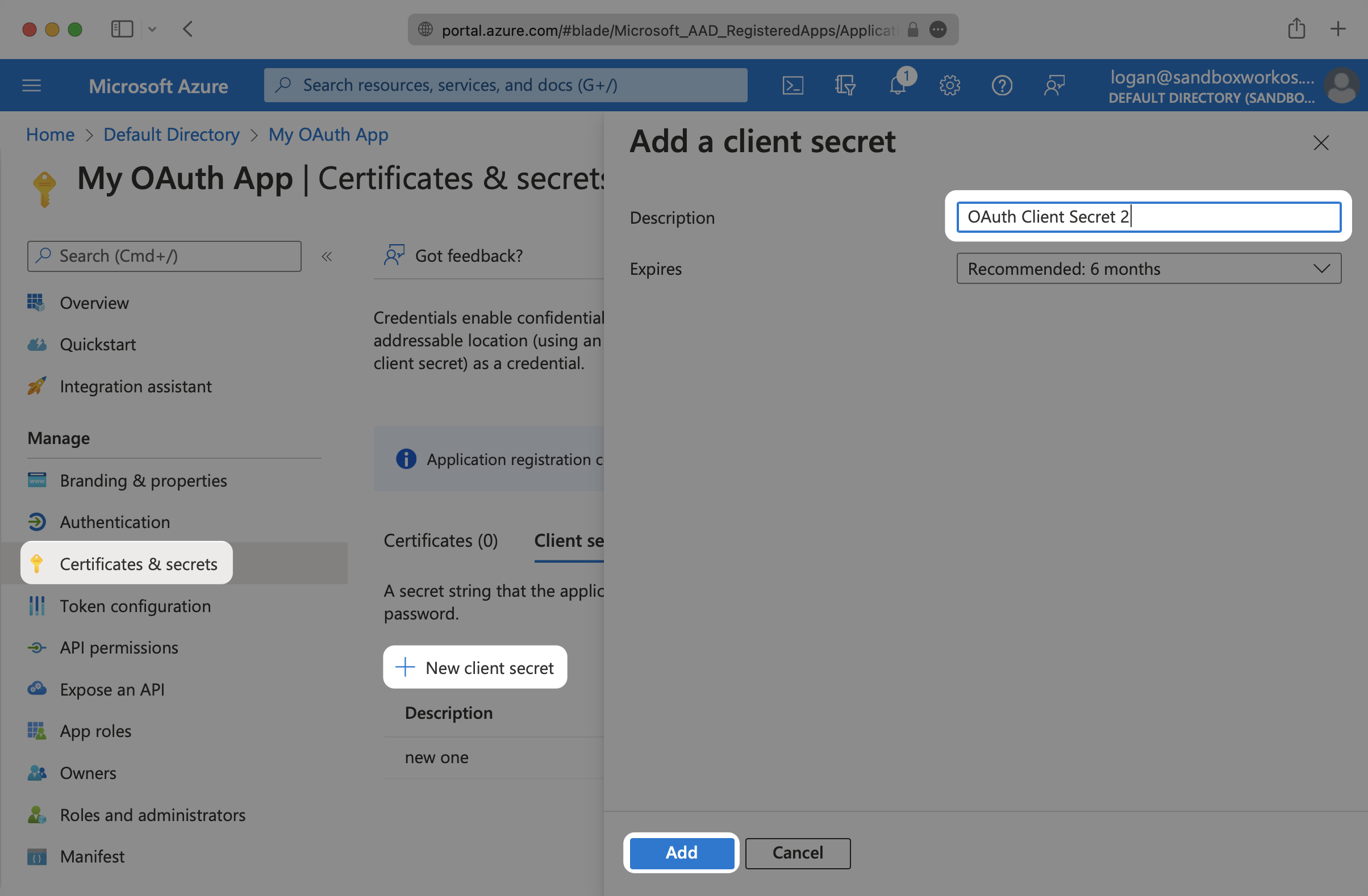 A screenshot showing where to create a client secret in the Entra ID App Settings.