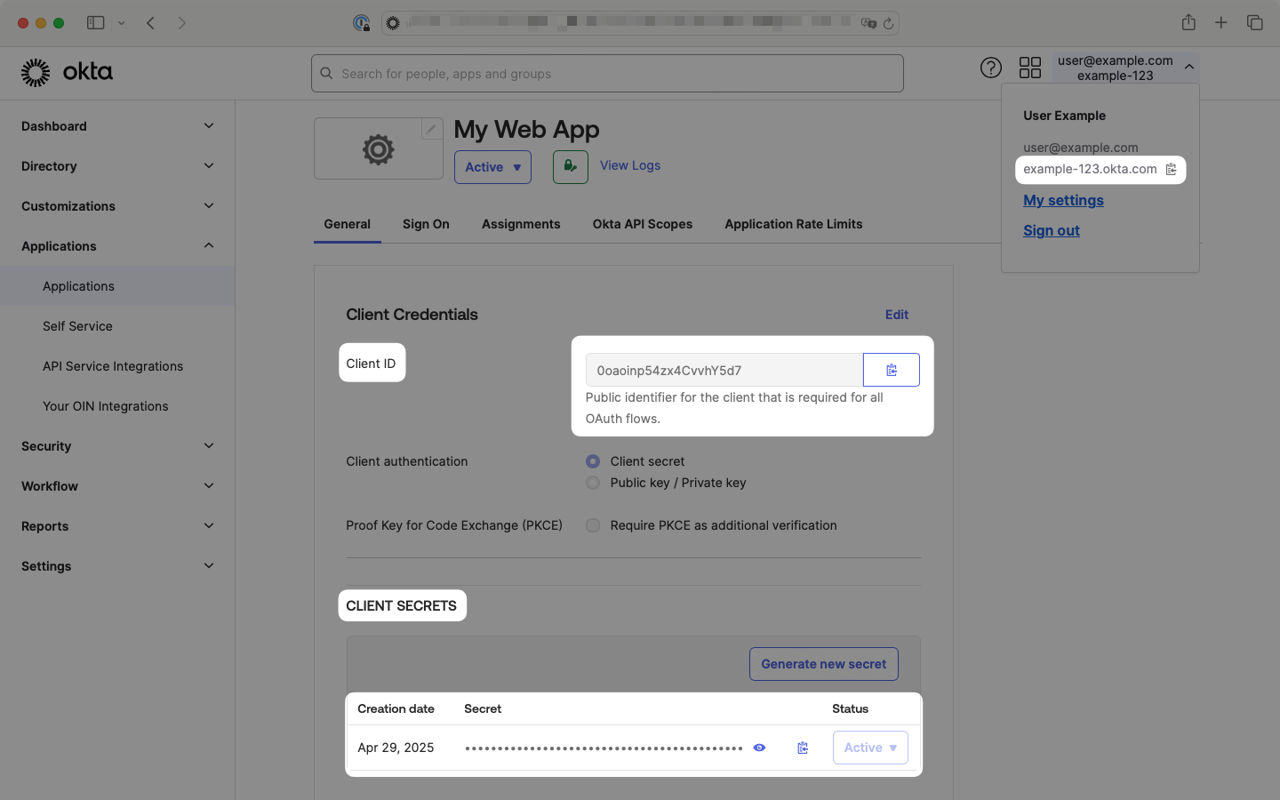 Okta app General tab showing Client ID and Client secret fields