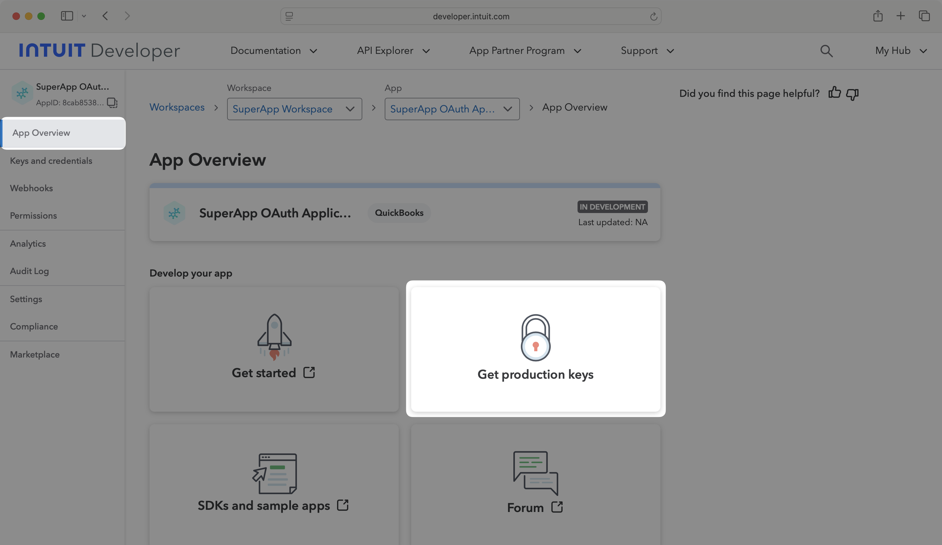 Get Production Keys for Intuit App