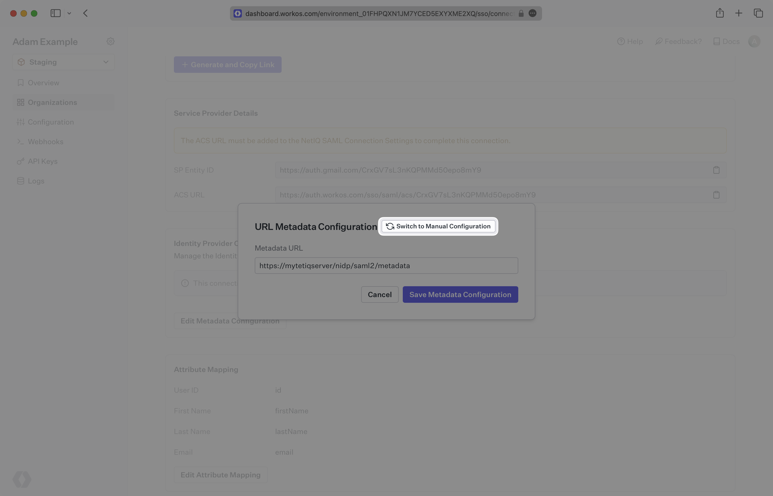 A screenshot showing where to switch to Manual Configuration in the connections detail page.